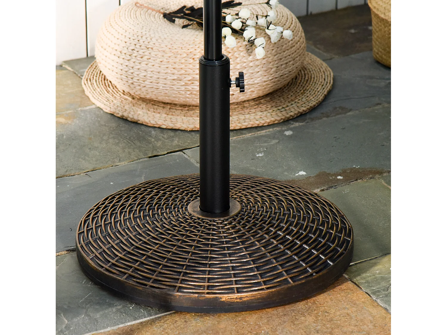 Pied de parasol rond base de lestage Ø 53 x 35,5 cm résine imitation rotin poids net 25 Kg noir bronze