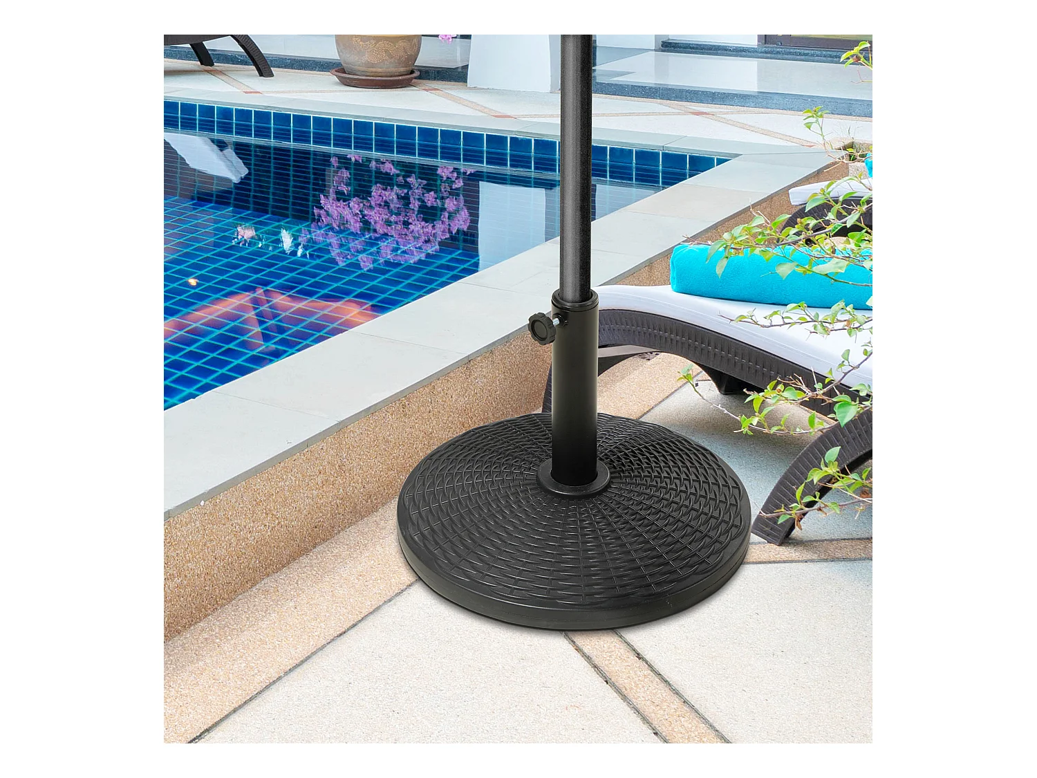 Pied de parasol rond base de lestage Ø 44 x 32 cm résine imitation rotin poids net 11 Kg noir