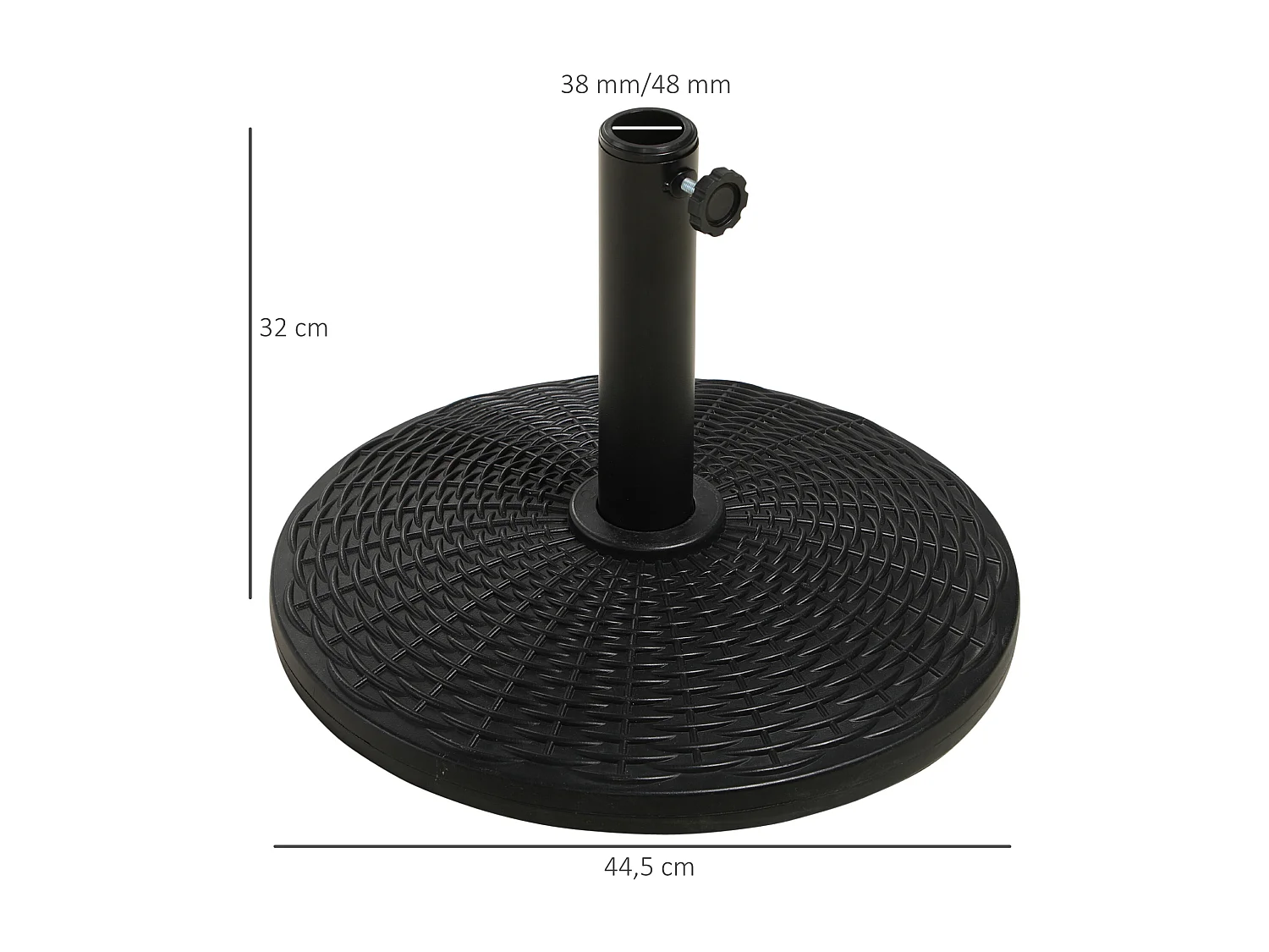 Pied de parasol rond base de lestage Ø 44 x 32 cm résine imitation rotin poids net 11 Kg noir