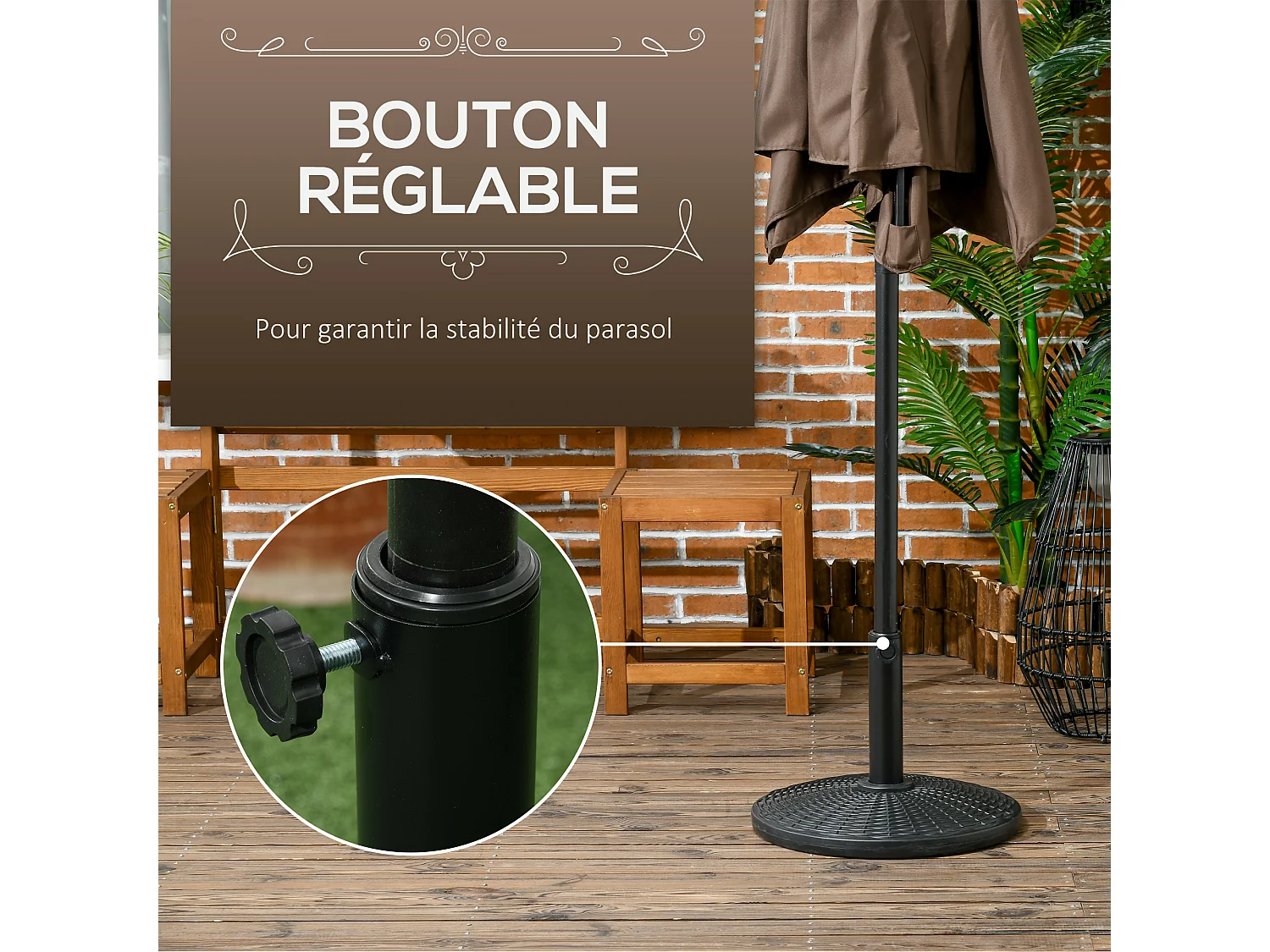 Pied de parasol rond base de lestage Ø 44 x 32 cm résine imitation rotin poids net 11 Kg noir