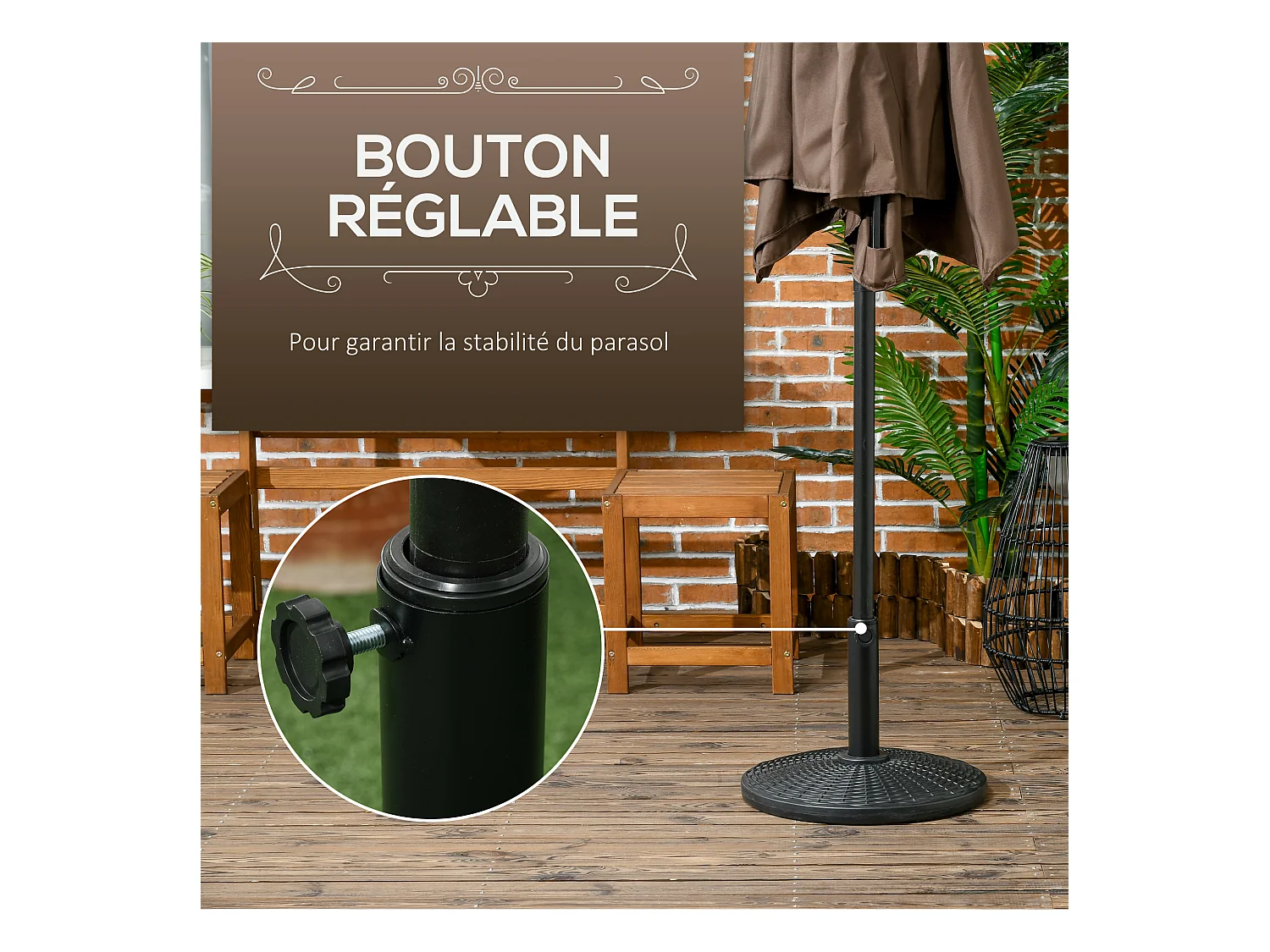 Pied de parasol rond base de lestage Ø 44 x 32 cm résine imitation rotin poids net 11 Kg noir