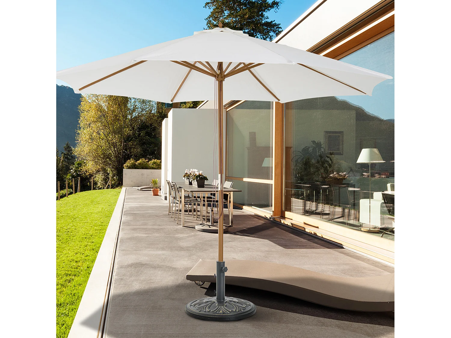 Pied de parasol rond base de lestage Ø 48 x 34H cm ciment HDPE motif fleurs de lys poids net 13 Kg noir doré