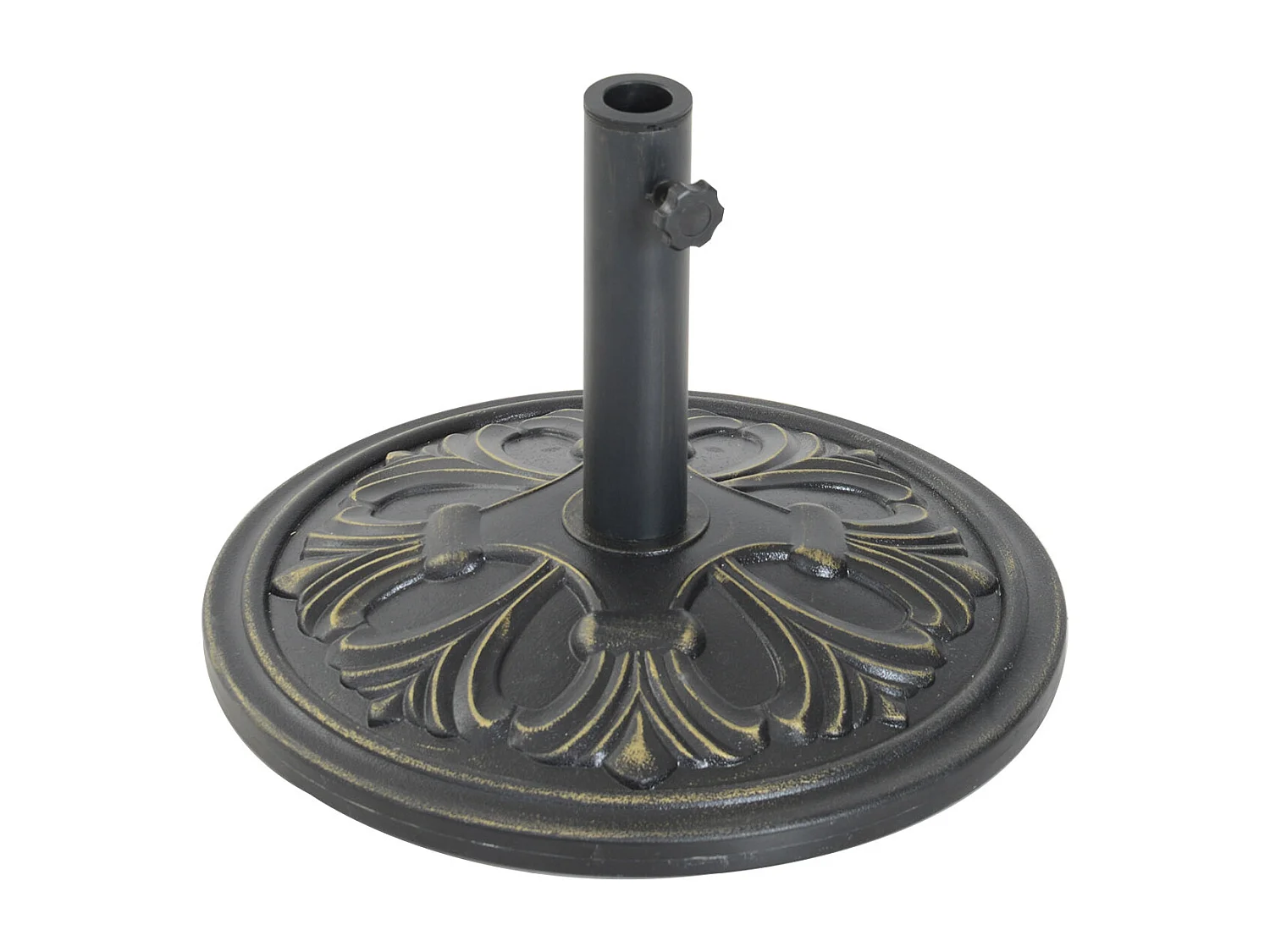 Pied de parasol rond base de lestage Ø 48 x 34H cm ciment HDPE motif fleurs de lys poids net 13 Kg noir doré