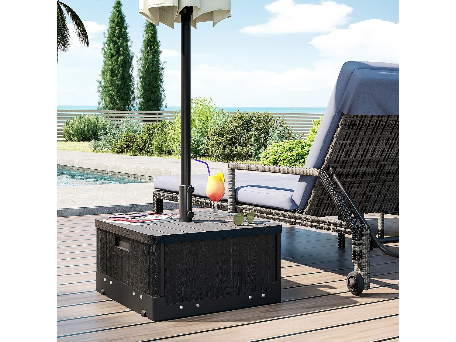 Pied de parasol table basse jardinière 3 en 1 - 2 roulettes, poignées - PE aspect bois métal noir