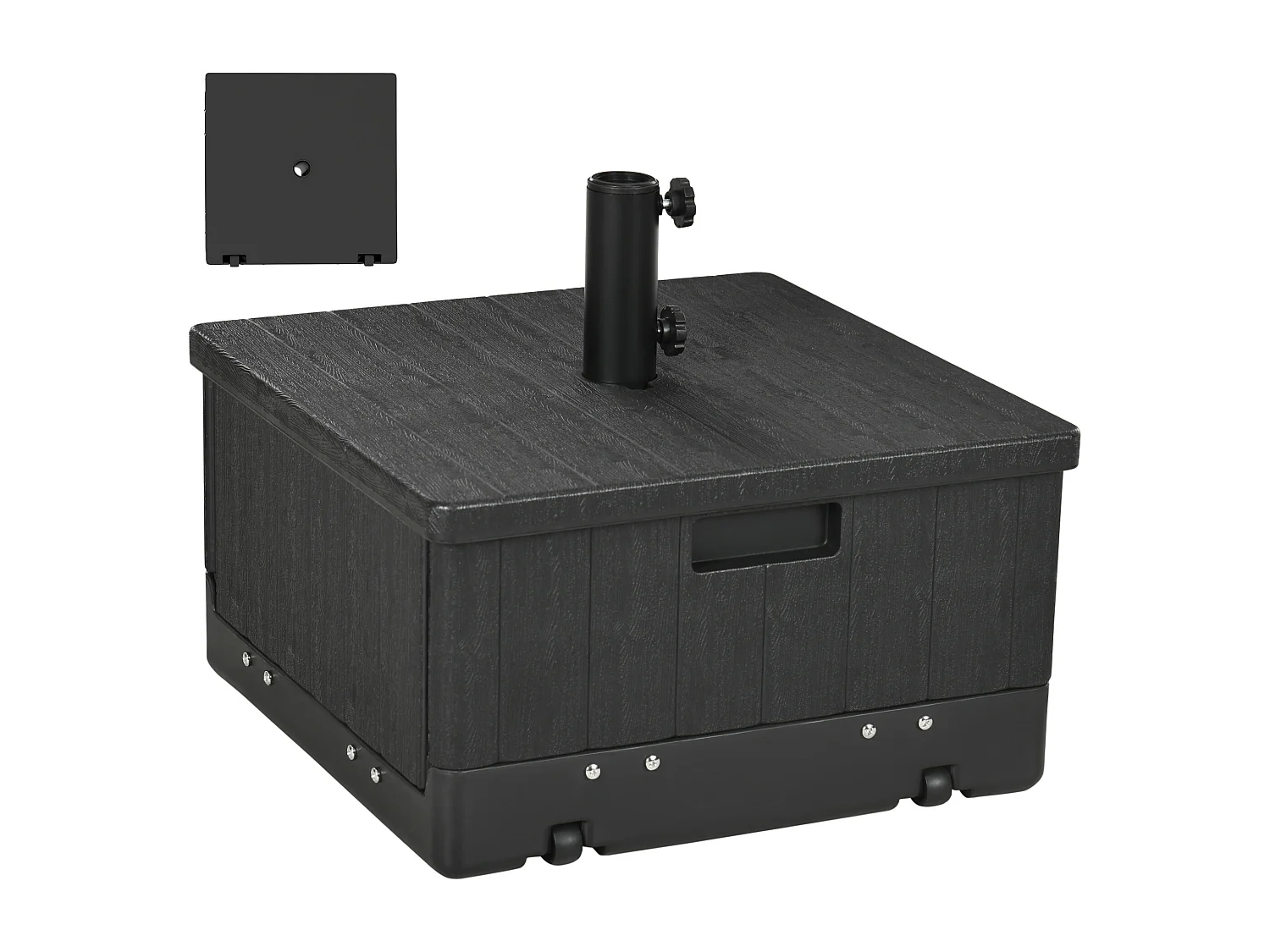 Pied de parasol table basse jardinière 3 en 1 - 2 roulettes, poignées - PE aspect bois métal noir