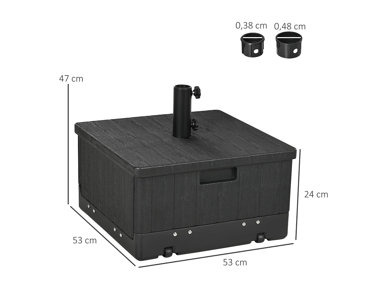 Pied de parasol table basse jardinière 3 en 1 - 2 roulettes, poignées - PE aspect bois métal noir