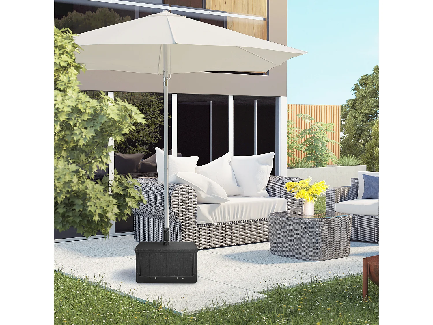 Pied de parasol table basse jardinière 3 en 1 - 2 roulettes, poignées - PE aspect bois métal noir