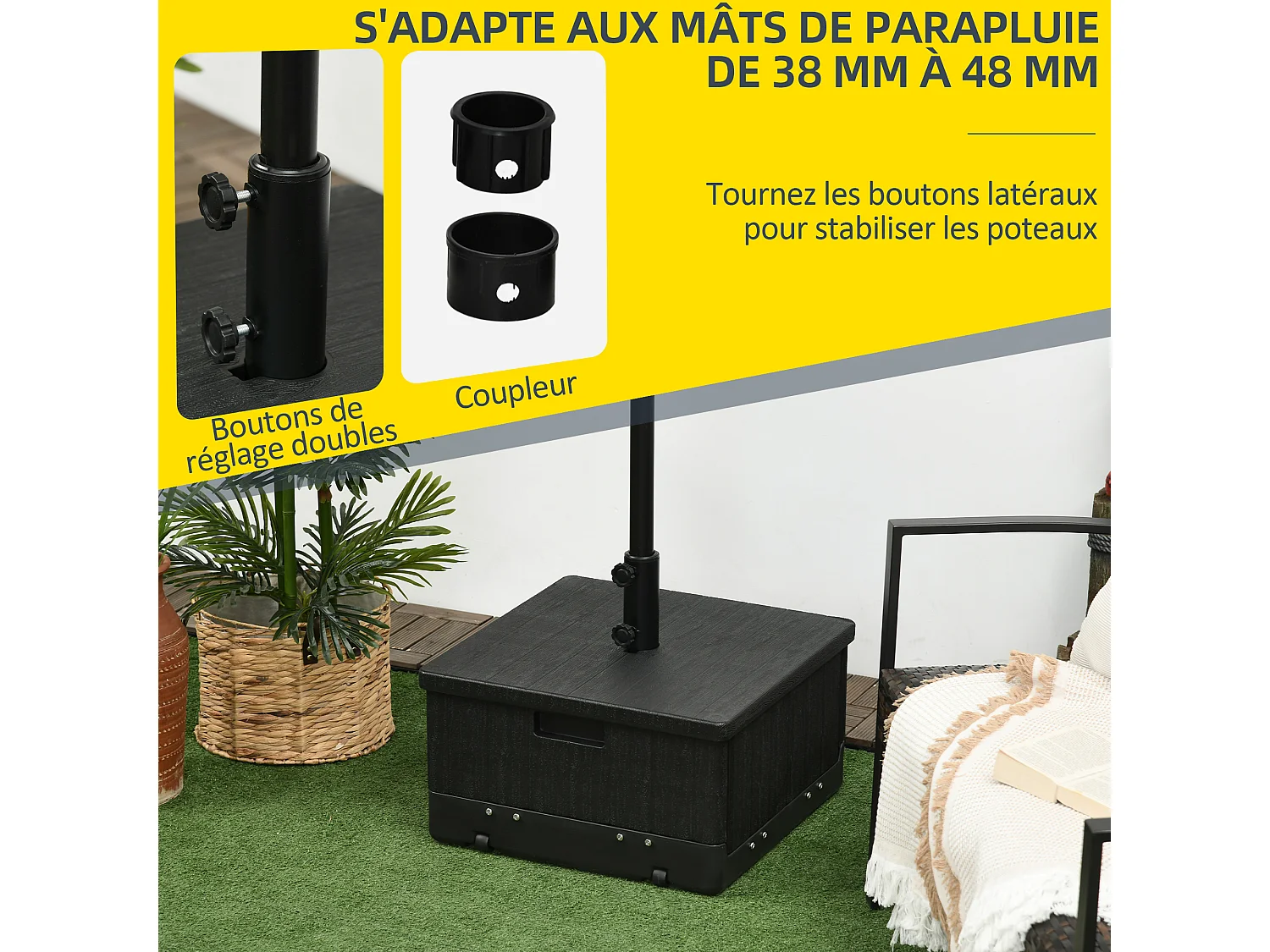 Pied de parasol table basse jardinière 3 en 1 - 2 roulettes, poignées - PE aspect bois métal noir