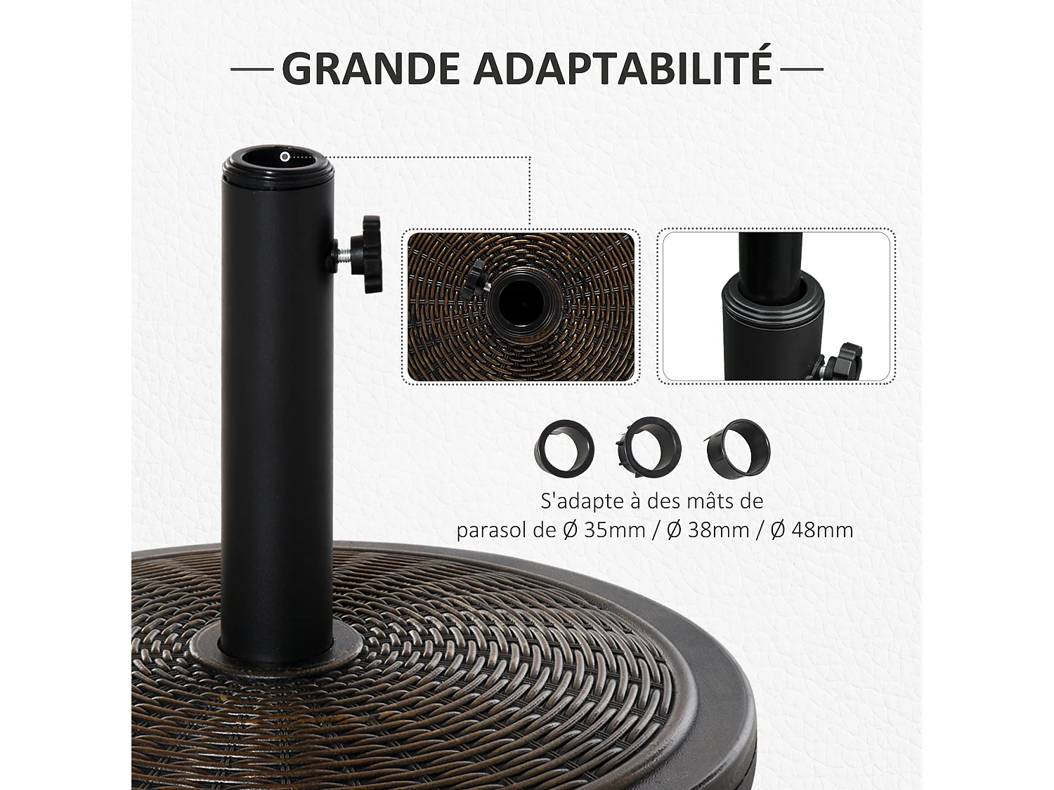 Pied de parasol rond base de lestage Ø 48 x 34 cm résine imitation rotin poids net 14 Kg noir bronze