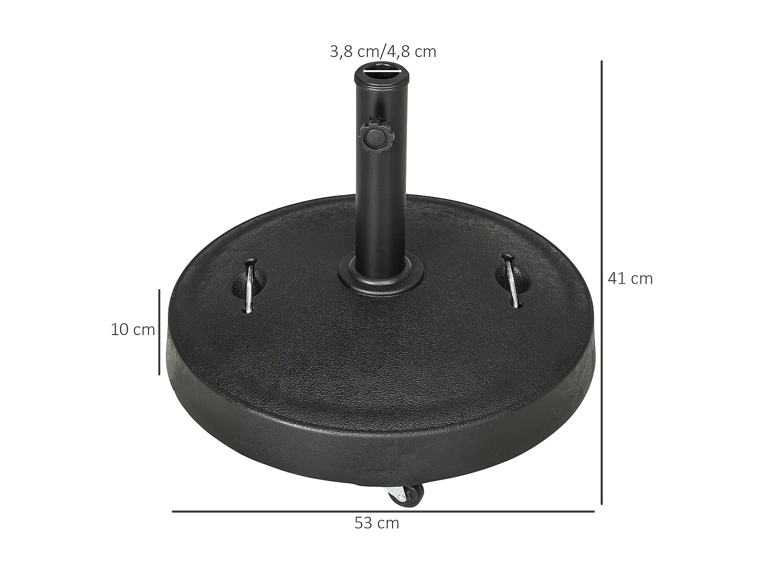Pied de parasol rond - base de lestage parasol sur roulettes - poids net 24 Kg - résine surface granuleuse noir