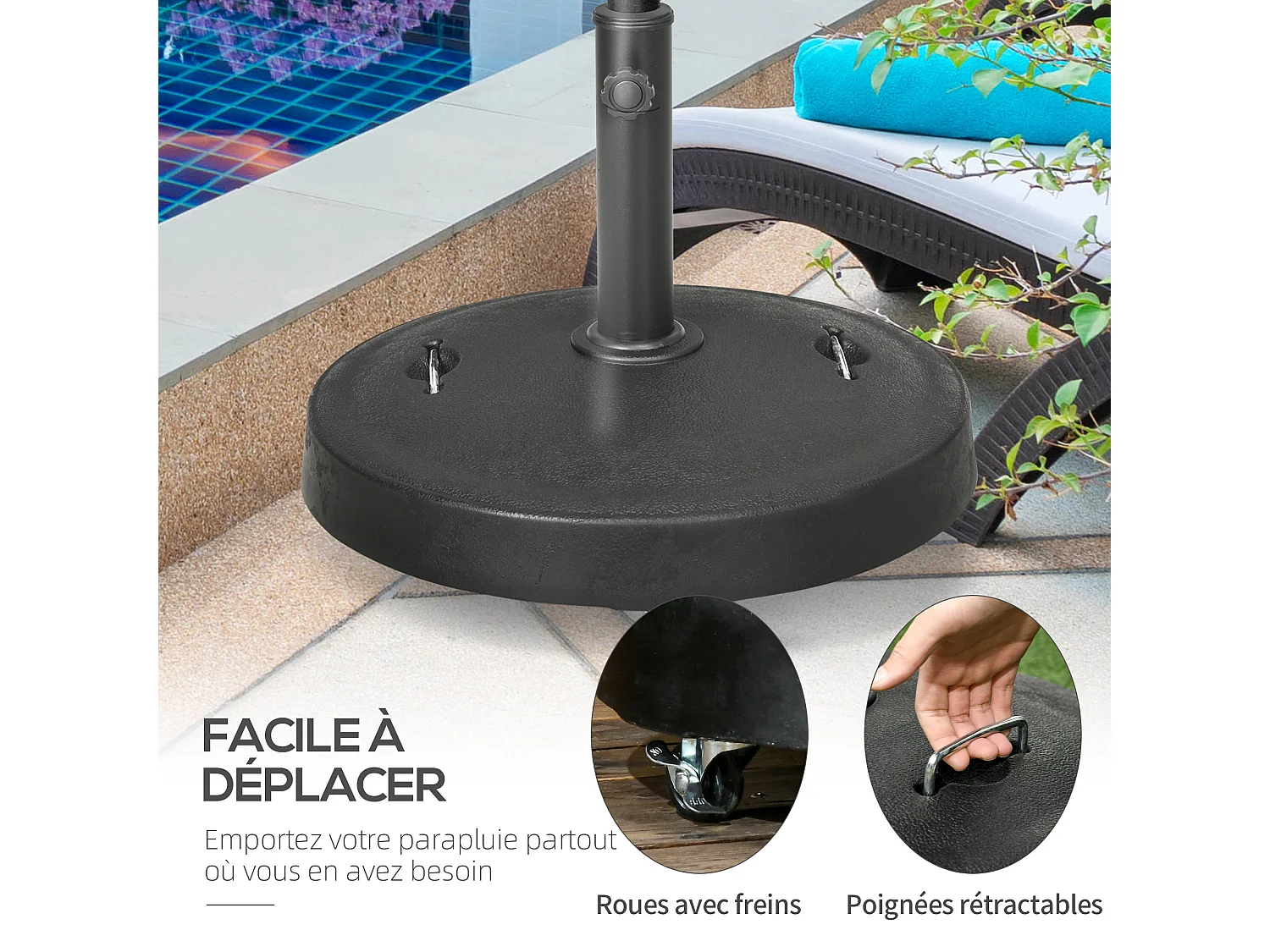 Pied de parasol rond - base de lestage parasol sur roulettes - poids net 24 Kg - résine surface granuleuse noir