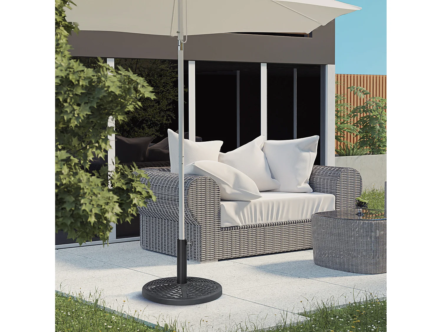 Pied de parasol rond base de lestage Ø 45 x 33H cm HDPE aspect rotin tressé poids net 8 Kg noir