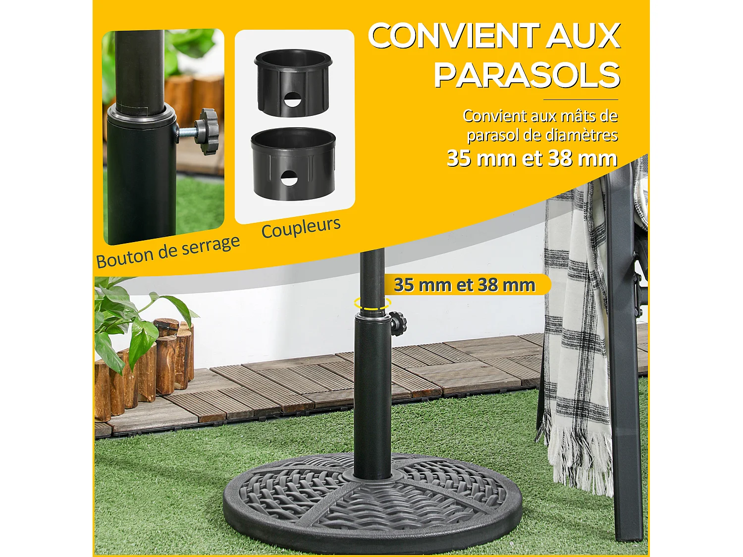 Pied de parasol rond base de lestage Ø 45 x 33H cm HDPE aspect rotin tressé poids net 8 Kg noir
