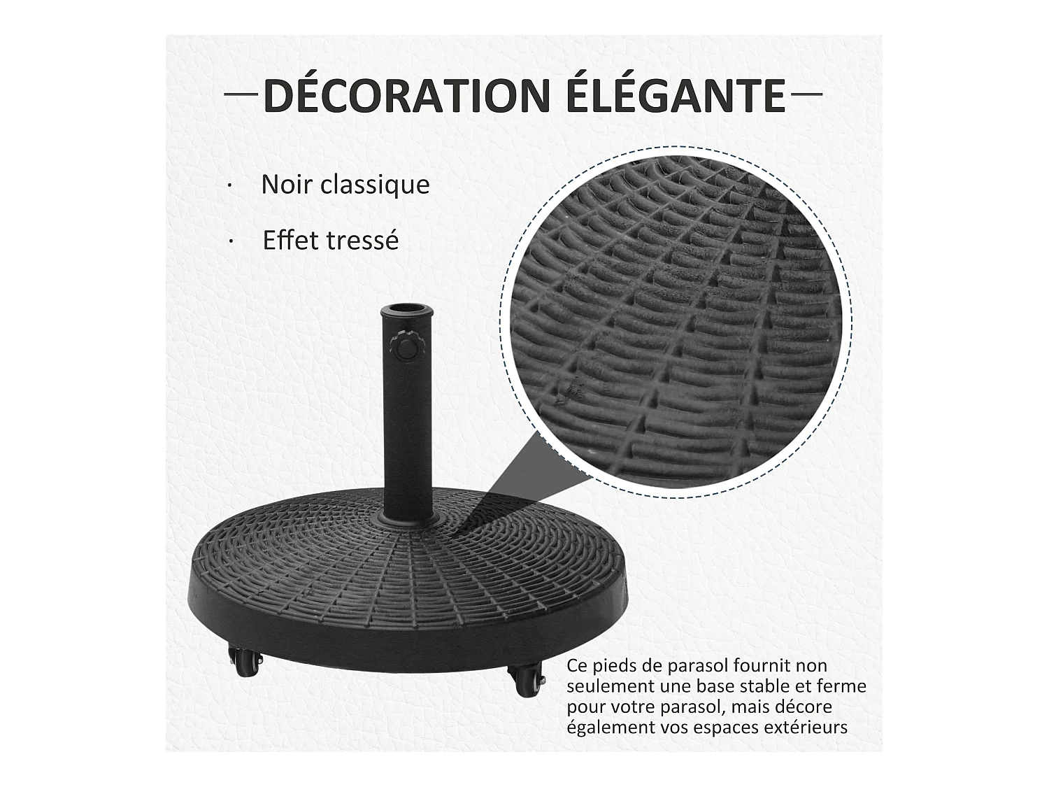 Pied de parasol base de lestage rond poids net 22,7kg en résine avec 4 roulettes - dim. Ø 52 x 41H cm - noir
