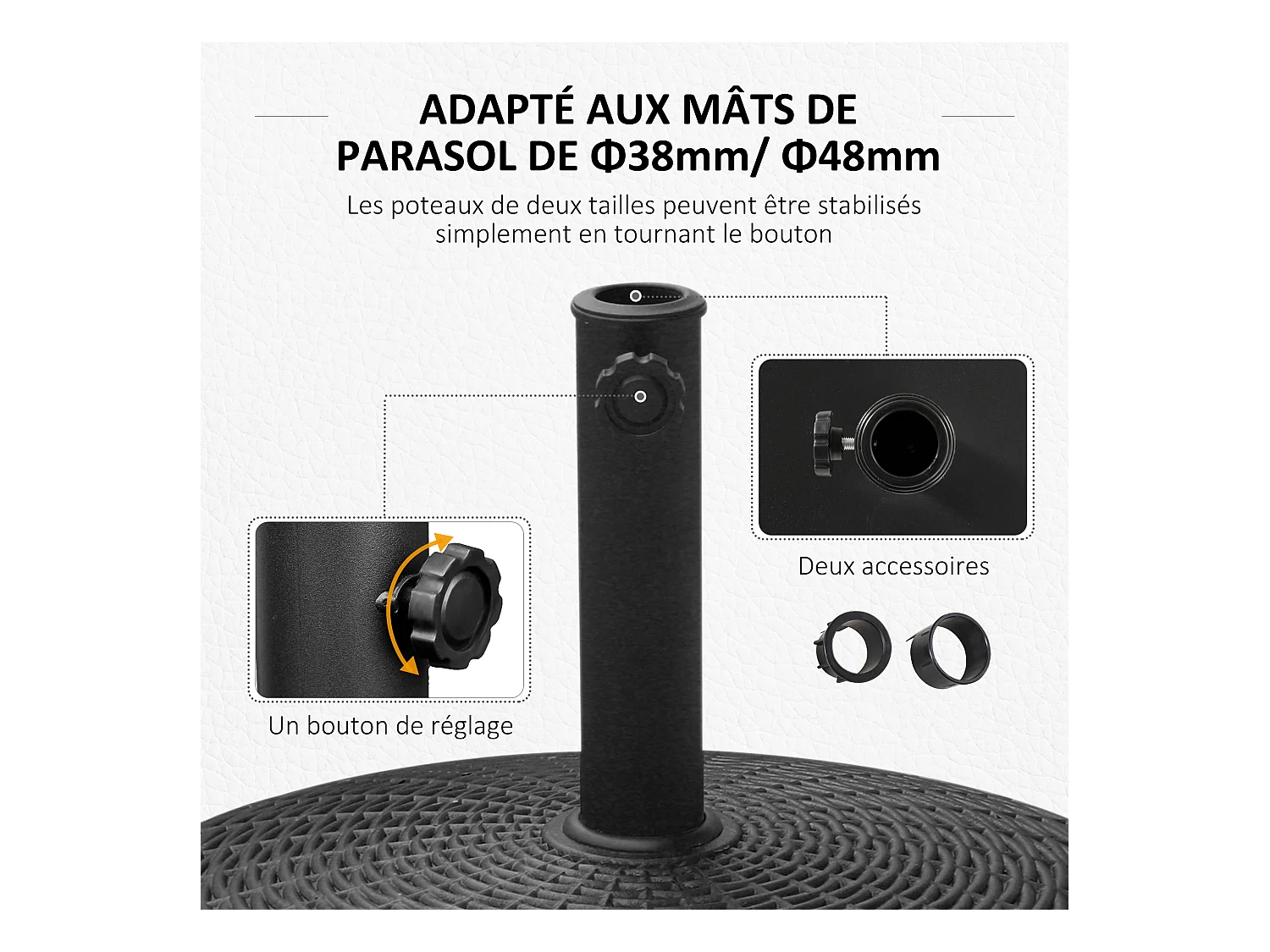 Pied de parasol base de lestage rond poids net 22,7kg en résine avec 4 roulettes - dim. Ø 52 x 41H cm - noir