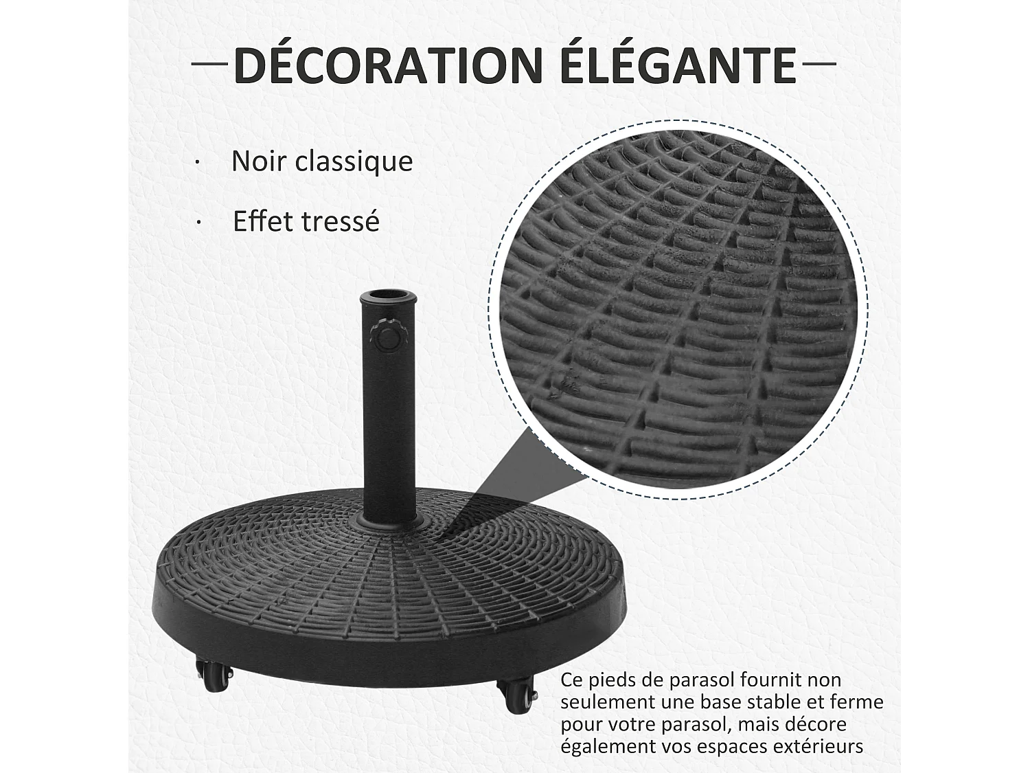 Pied de parasol base de lestage rond poids net 22,7kg en résine avec 4 roulettes - dim. Ø 52 x 41H cm - noir