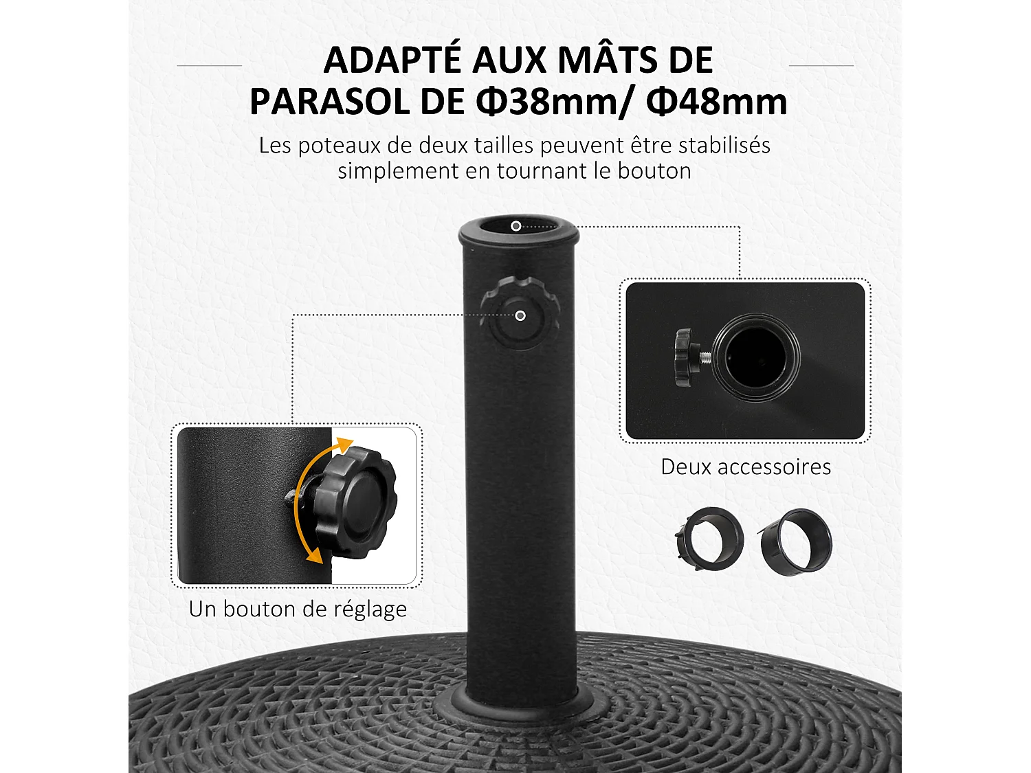 Pied de parasol base de lestage rond poids net 22,7kg en résine avec 4 roulettes - dim. Ø 52 x 41H cm - noir