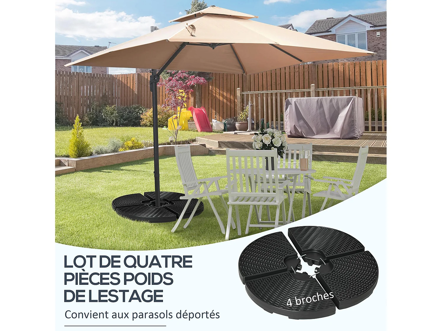 Pied de parasol lot de 4 dalles pour parasol à lester dim. tot. 100L x 100l x 8H cm HDPE aspect rotin noir