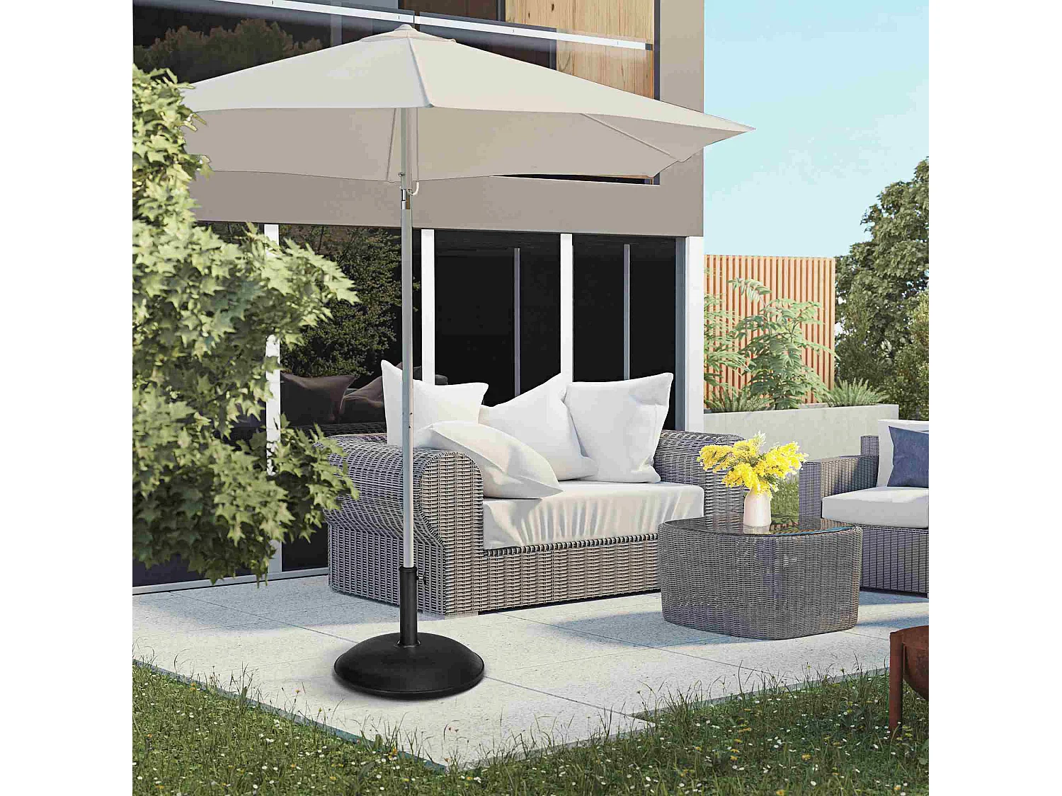 Pied de parasol rond base de lestage parasol Ø 45 x 36H cm poids net 20 Kg ciment PVC gris noir