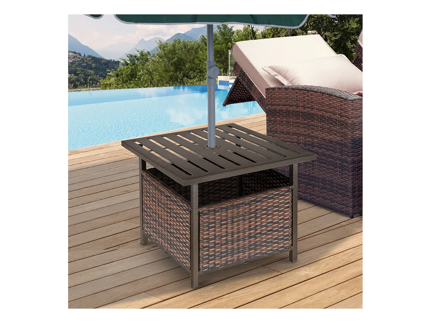Table basse pied de parasol 2 en 1 résine tressée imitation rotin métal époxy chocolat