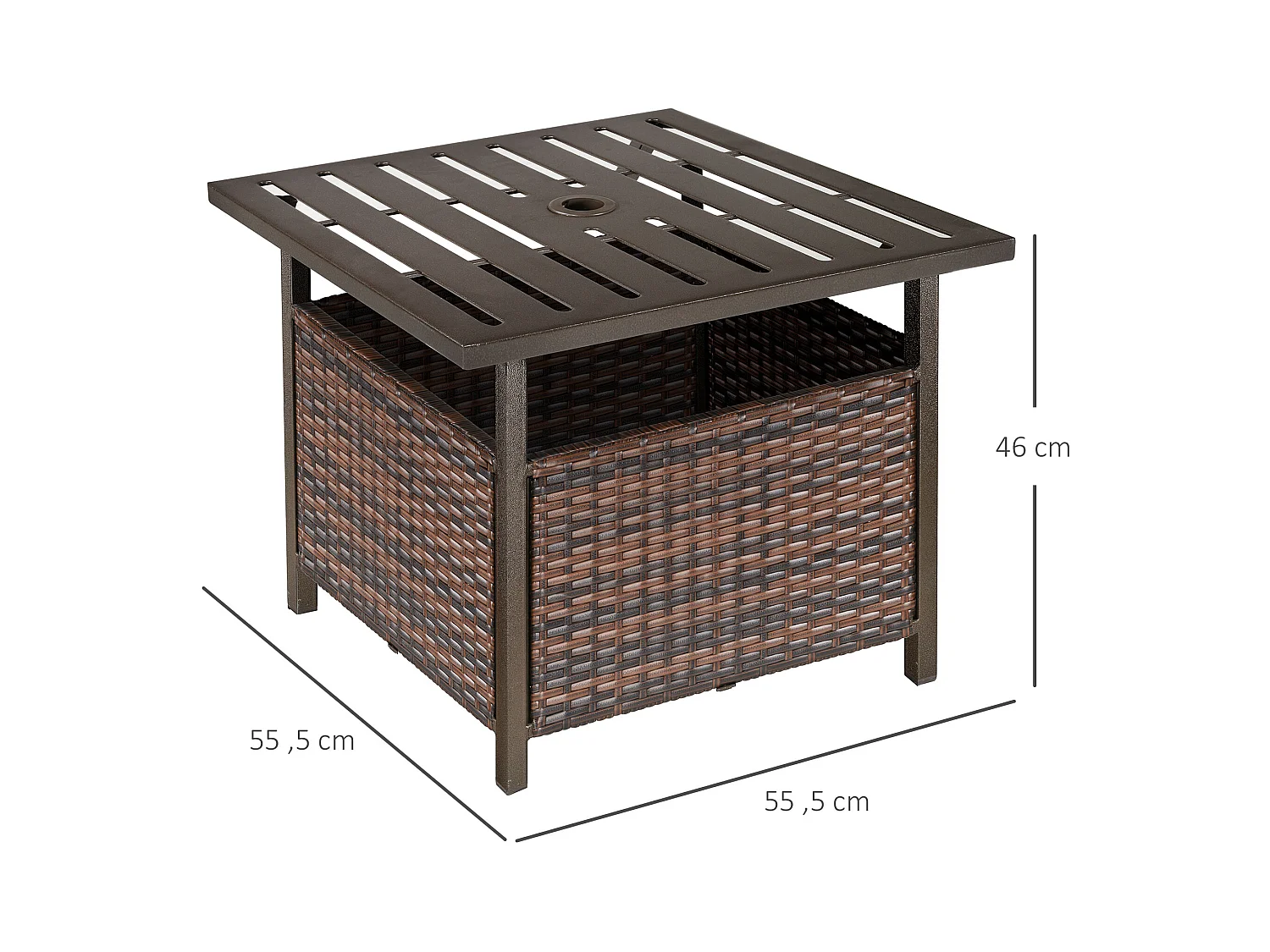 Table basse pied de parasol 2 en 1 résine tressée imitation rotin métal époxy chocolat