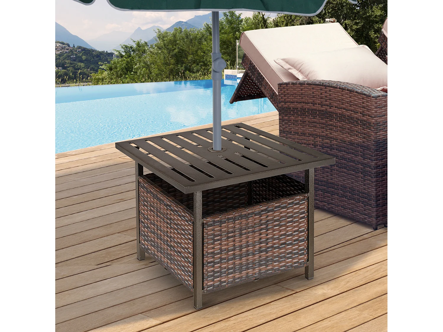 Table basse pied de parasol 2 en 1 résine tressée imitation rotin métal époxy chocolat