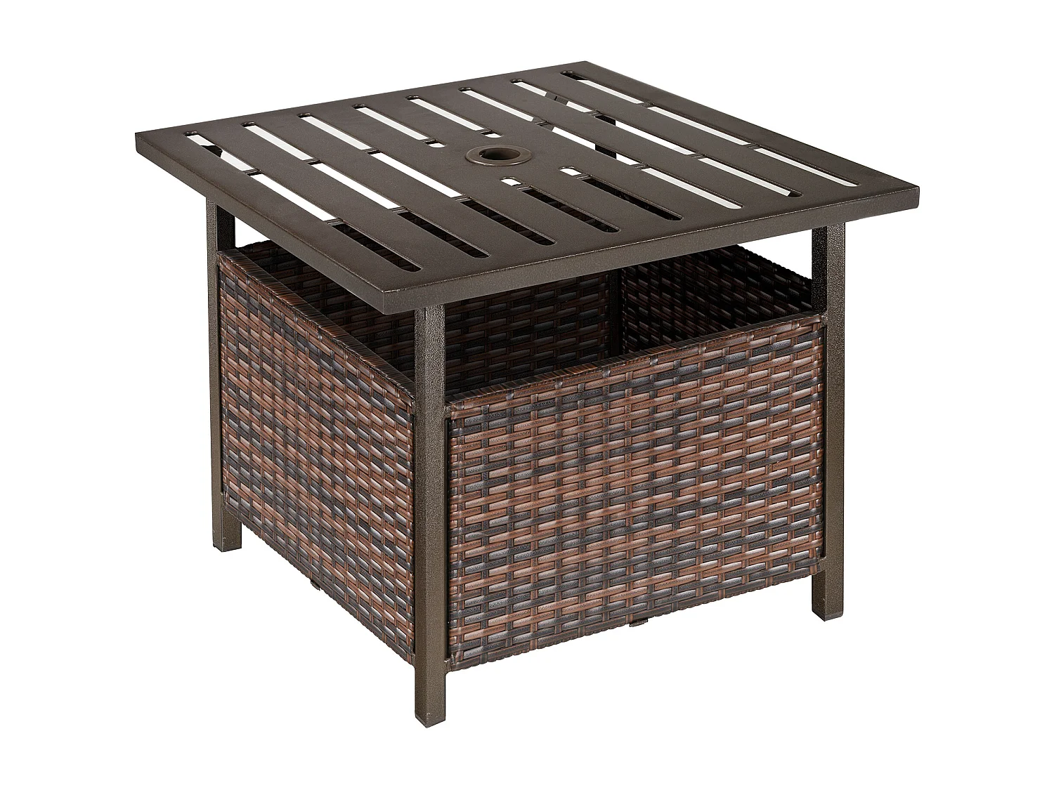 Table basse pied de parasol 2 en 1 résine tressée imitation rotin métal époxy chocolat