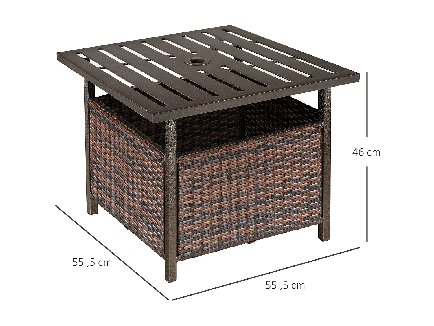Table basse pied de parasol 2 en 1 résine tressée imitation rotin métal époxy chocolat