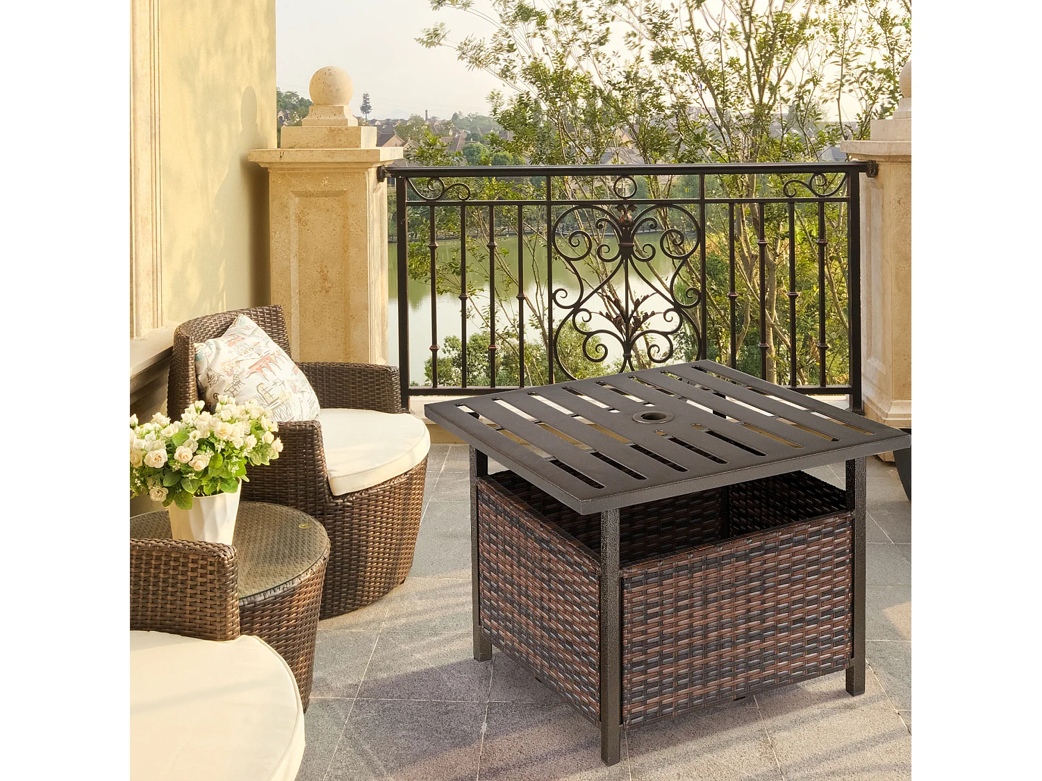 Table basse pied de parasol 2 en 1 résine tressée imitation rotin métal époxy chocolat