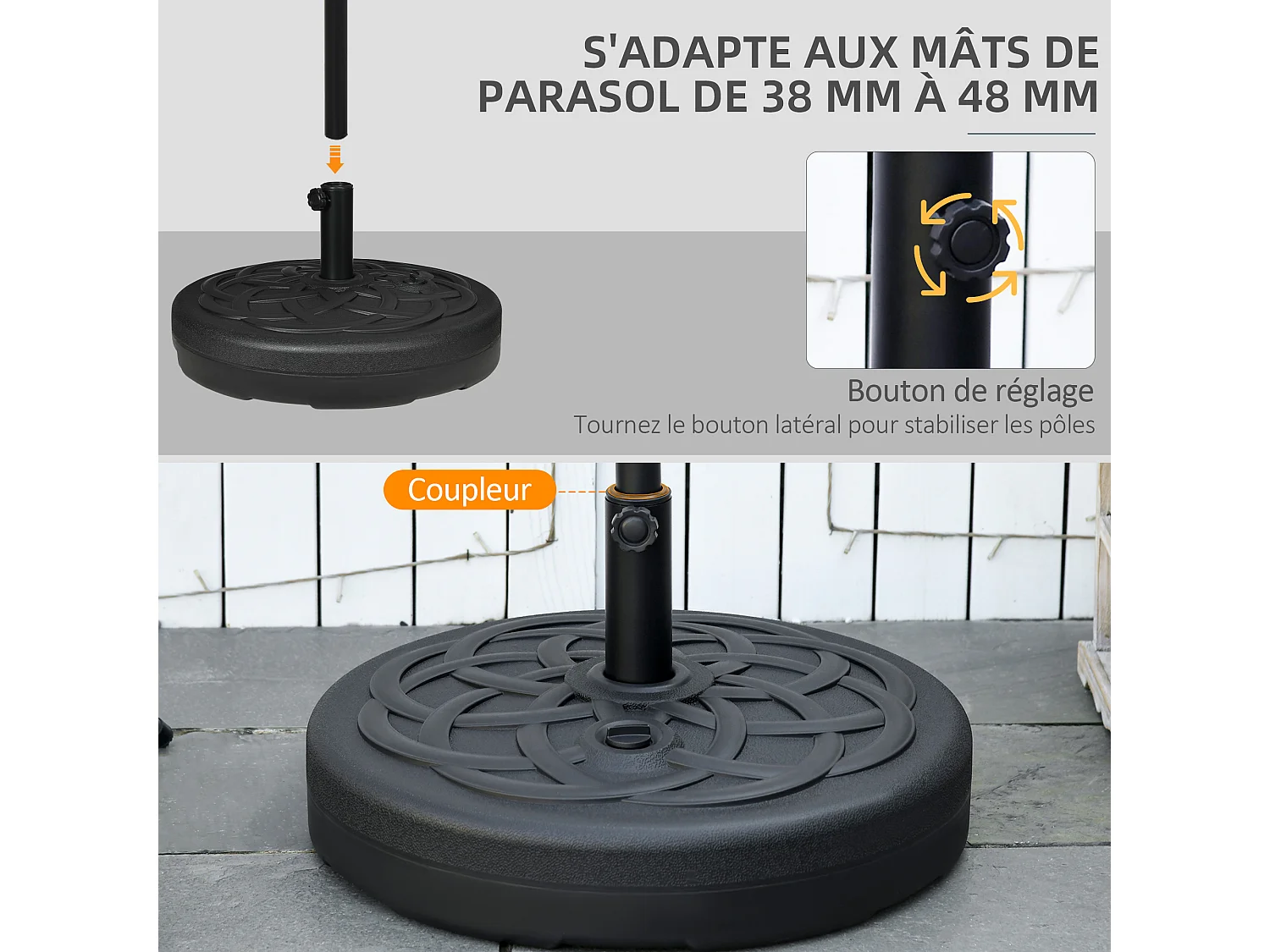 Pied de parasol base de lestage parasol rond Ø 56 x 30,5H cm à lester métal PE noir