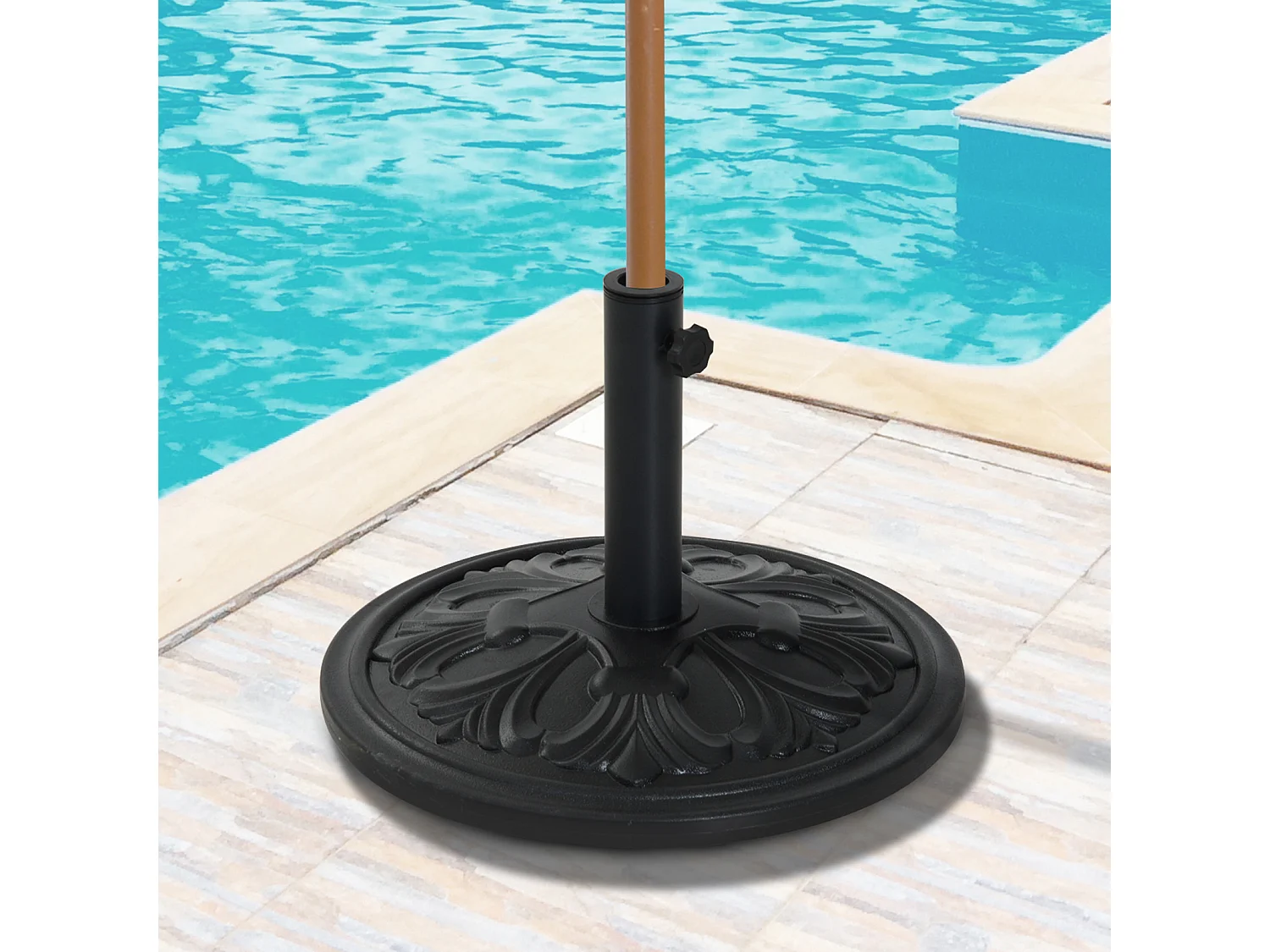 Pied de parasol rond base de lestage Ø 48 x 34H cm ciment HDPE motif fleurs de lys poids net 13 Kg noir