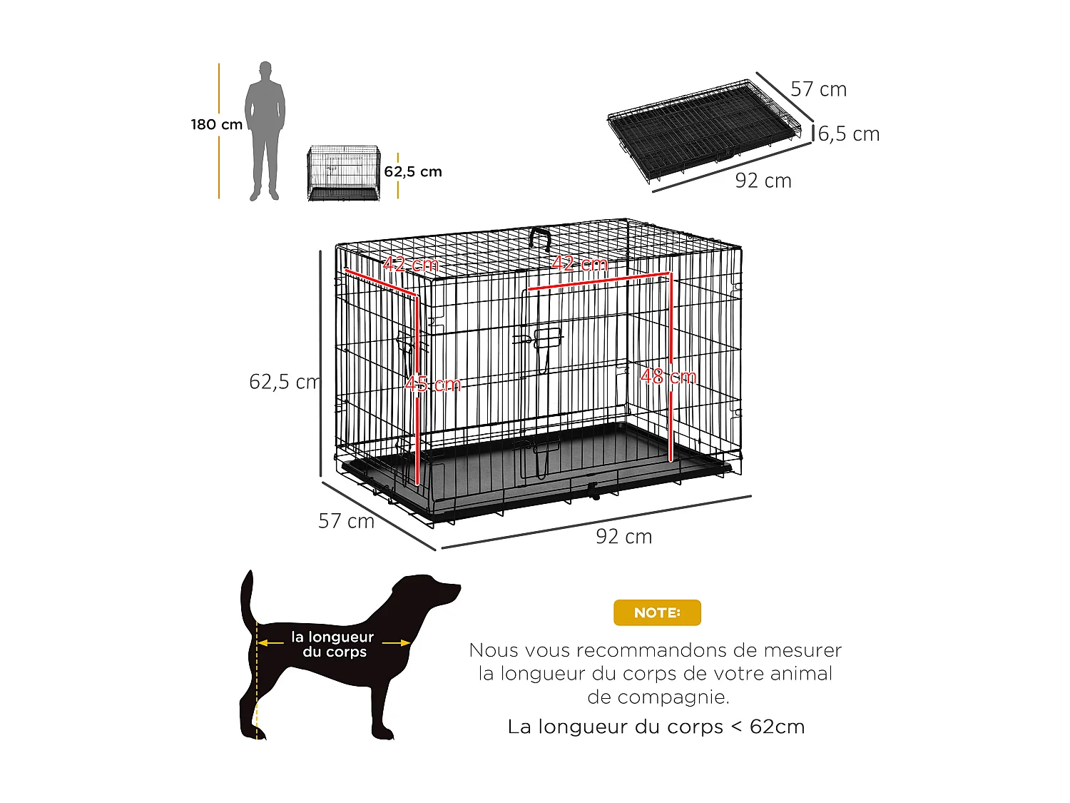 Cage caisse de transport pliante pour chien en métal noir 91 x 61 x 67 cm