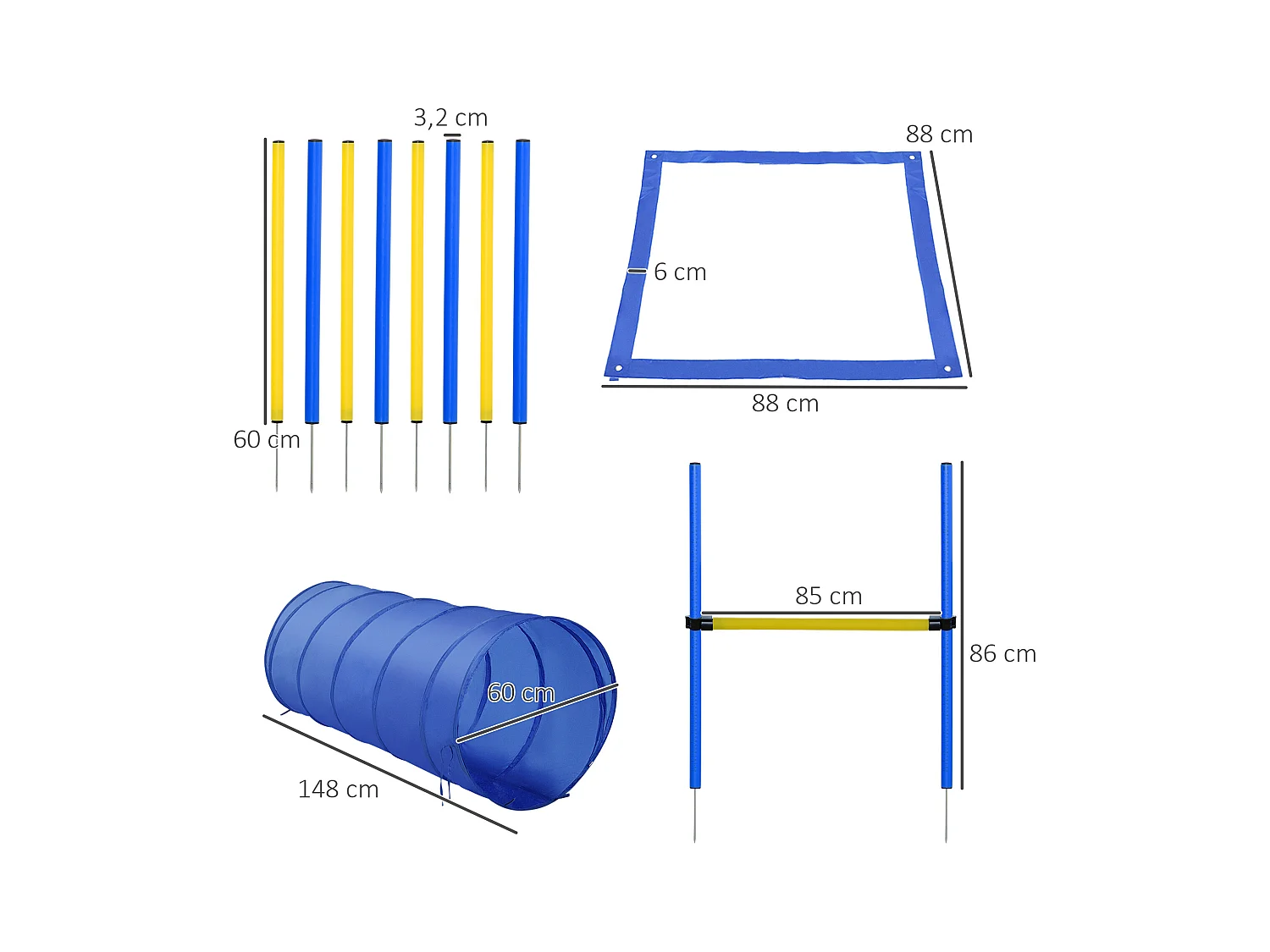 Agility sport pour chiens équipement complet obstacle, tunnel, slalom, zone repos + sac de transport bleu jaune