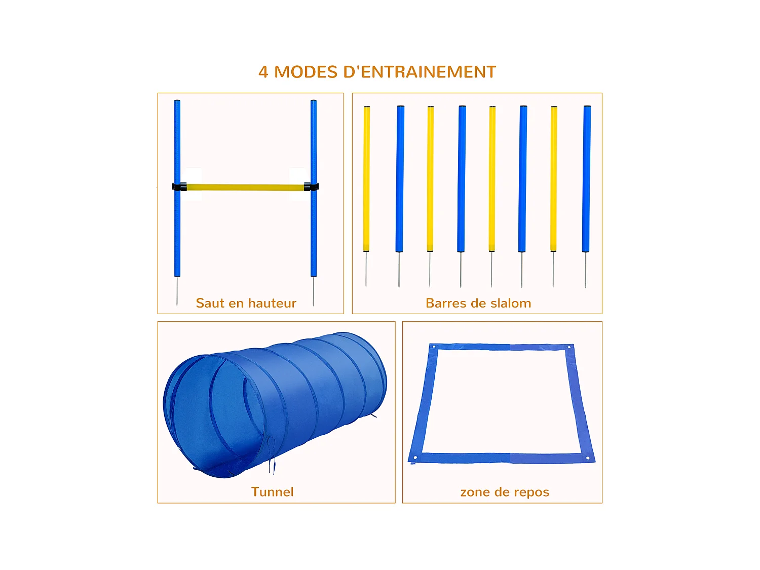Agility sport pour chiens équipement complet obstacle, tunnel, slalom, zone repos + sac de transport bleu jaune