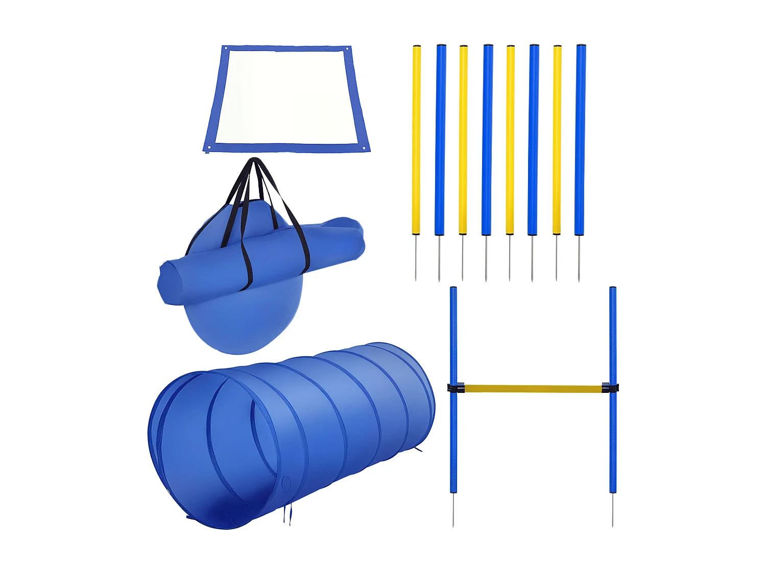 Agility sport pour chiens équipement complet obstacle, tunnel, slalom, zone repos + sac de transport bleu jaune