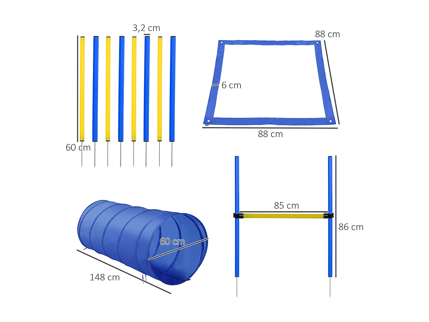 Agility sport pour chiens équipement complet obstacle, tunnel, slalom, zone repos + sac de transport bleu jaune