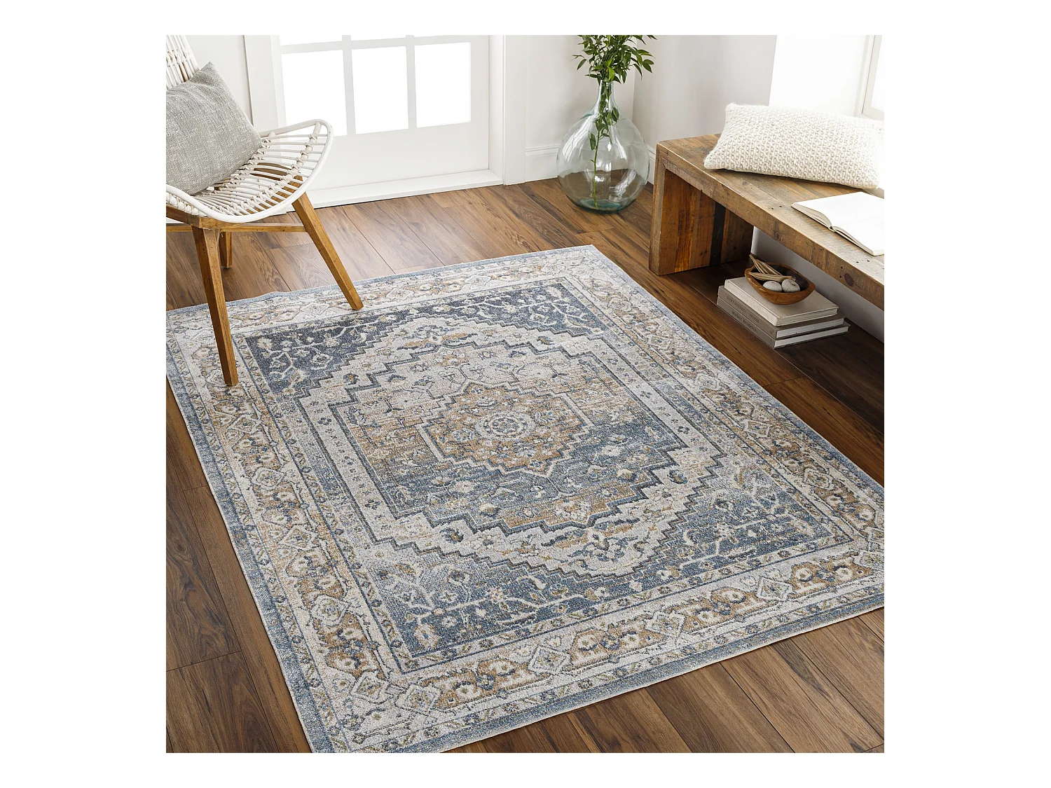 Tapis Vintage Lavable en Machine - Bleu/Gris - 160x213cm - JENNIFER