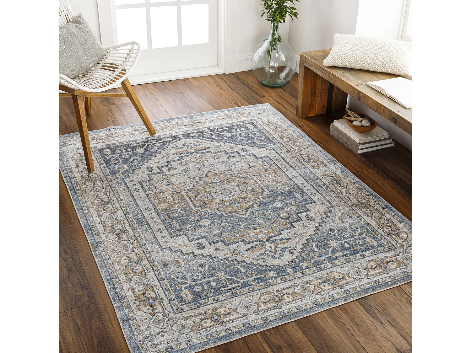 Tapis Vintage Lavable en Machine - Bleu/Gris - 160x213cm - JENNIFER