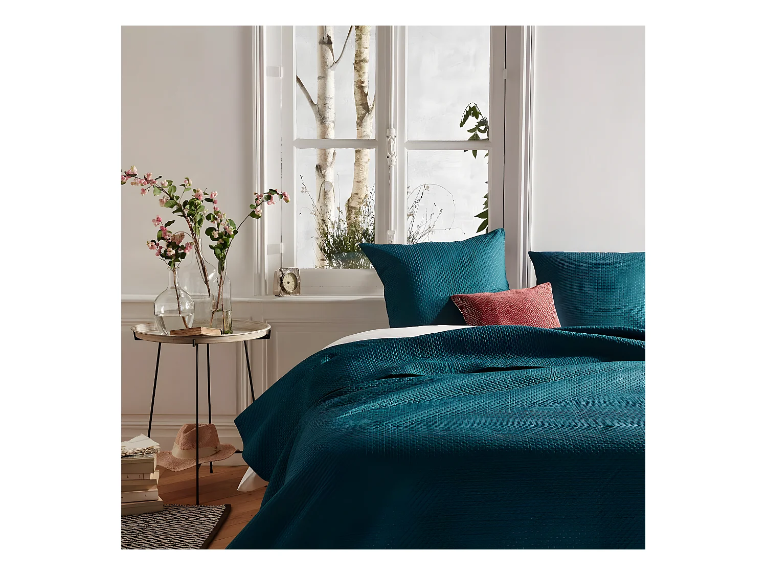 Dessus de lit Bleu canard 240 x 260 cm avec 2 Taies