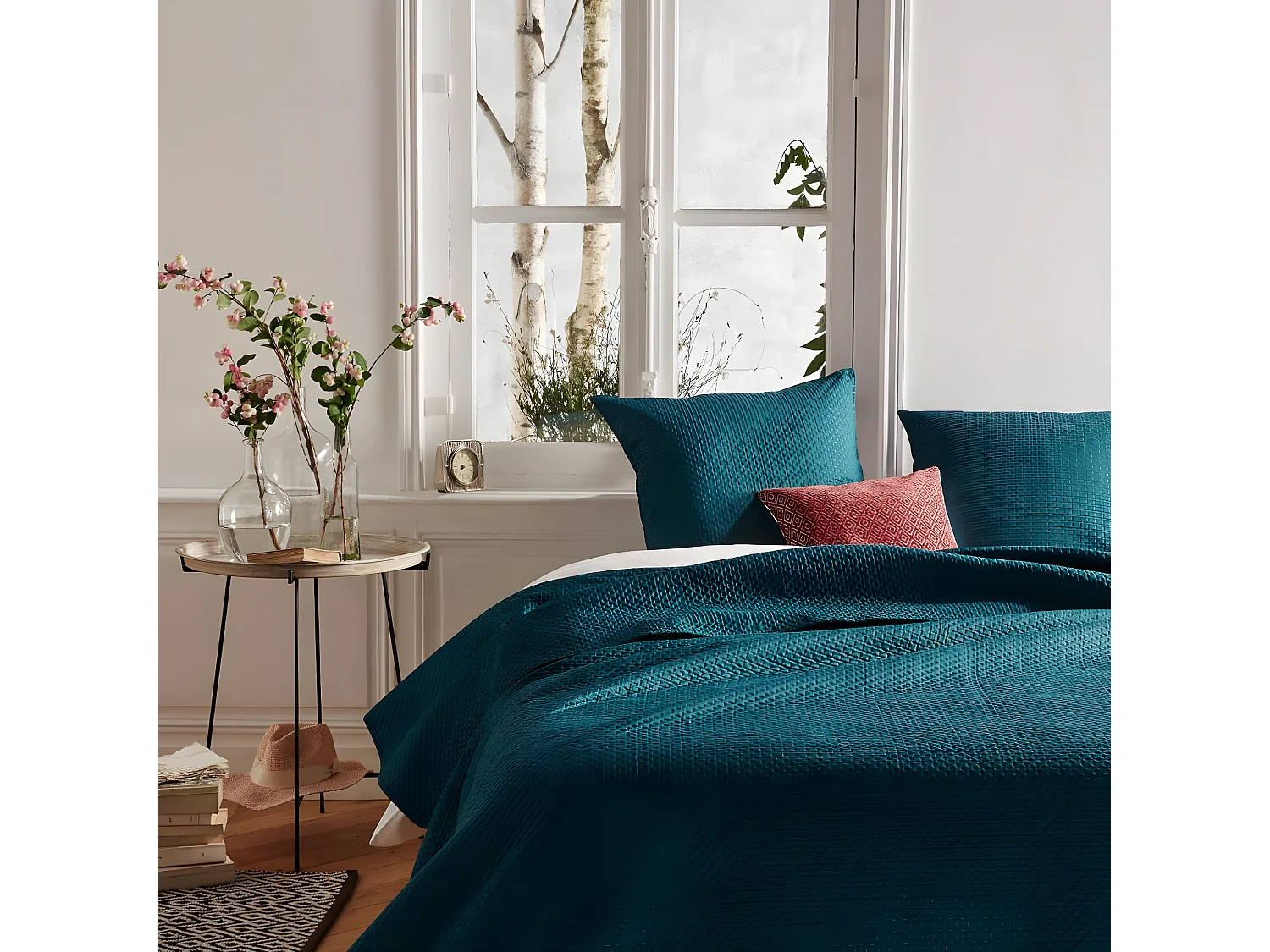 Dessus de lit Bleu canard 240 x 260 cm avec 2 Taies