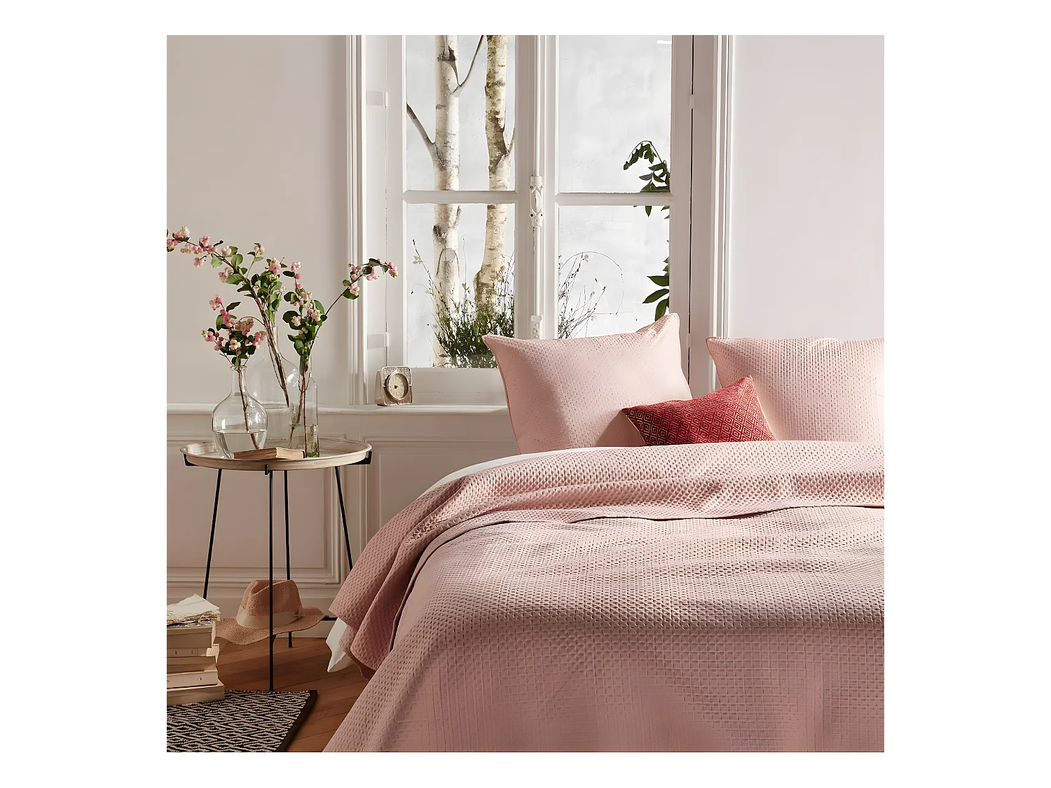 Dessus de lit  Rose 240 x 260 cm avec 2 Taies