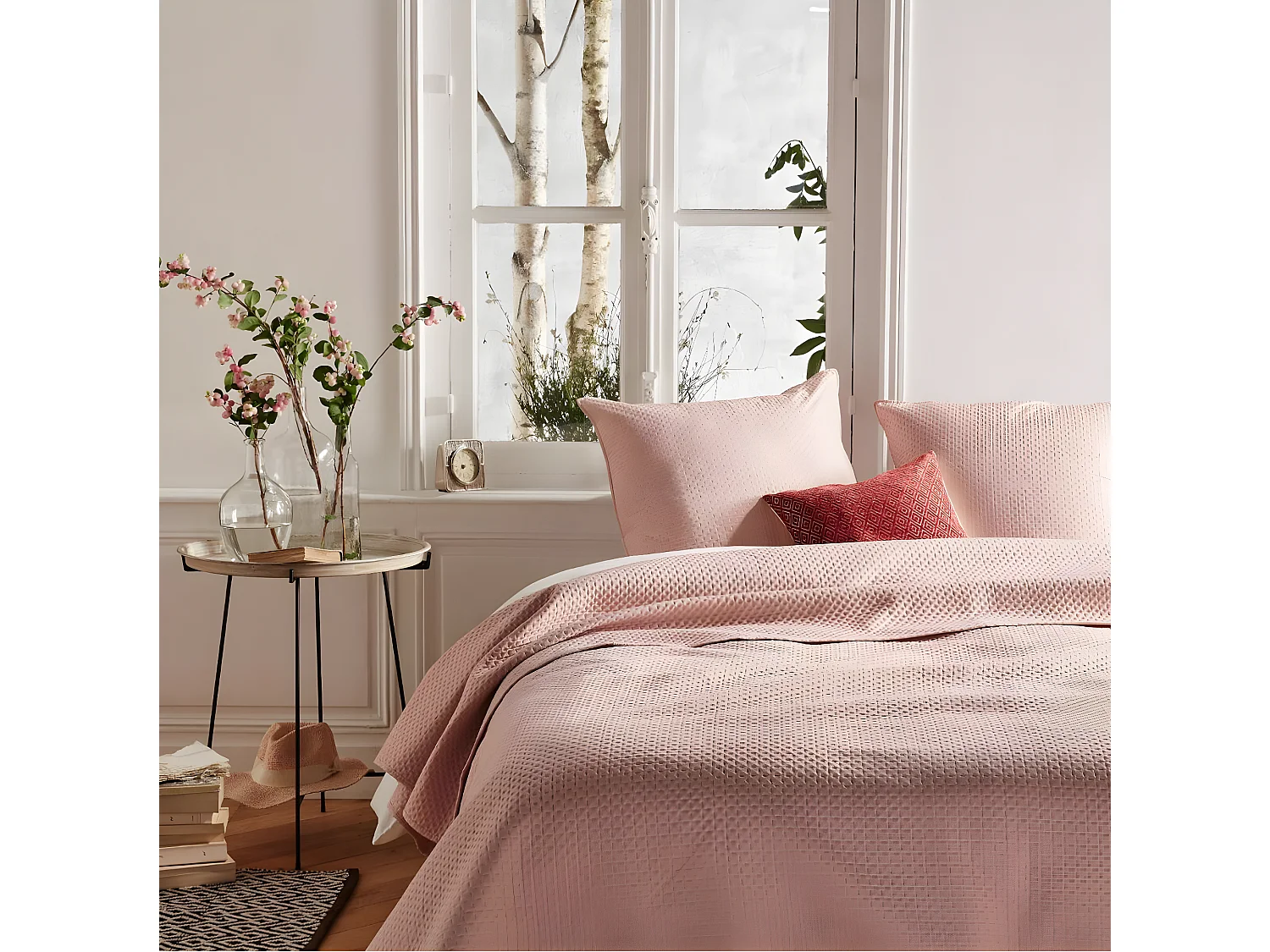 Dessus de lit  Rose 240 x 260 cm avec 2 Taies