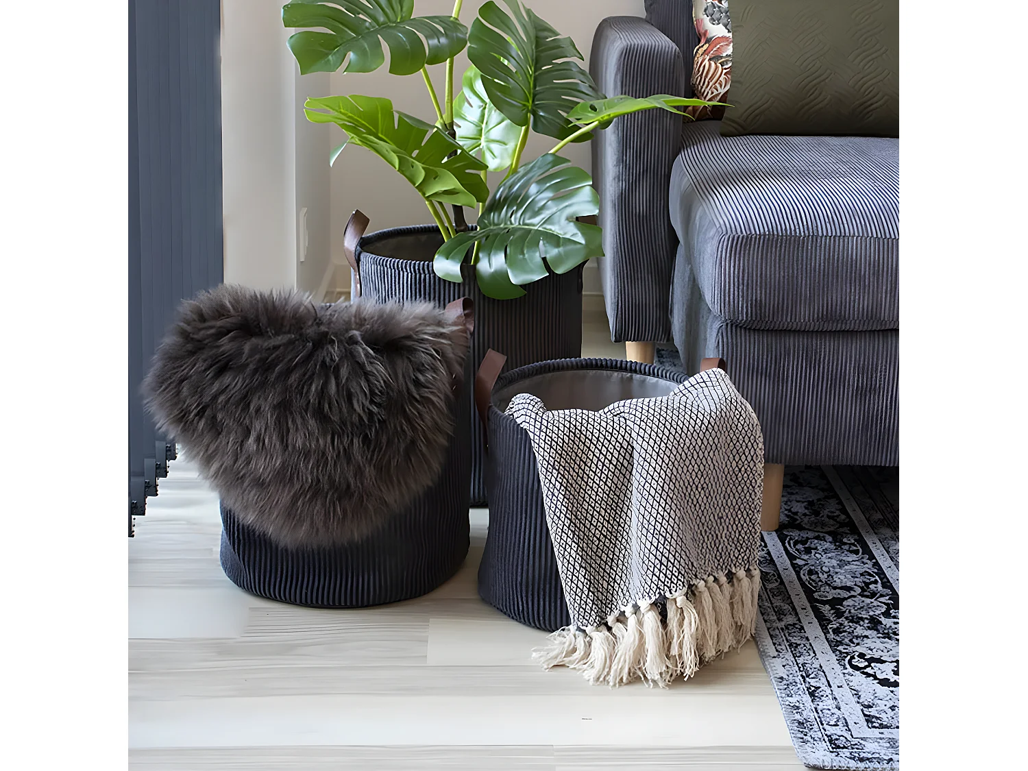 KAYLIE - Plaid 160x130cm Gris et Beige à Motifs Géométriques