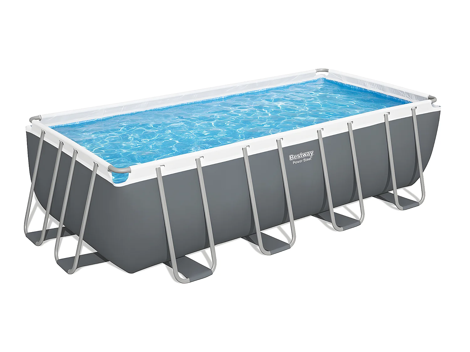 Piscina Fuori Terra Rettangolare Bestway Power Steel 488x244x122 cm con Filtro a Sabbia Scaletta e Dispensatore Chimico Grigio