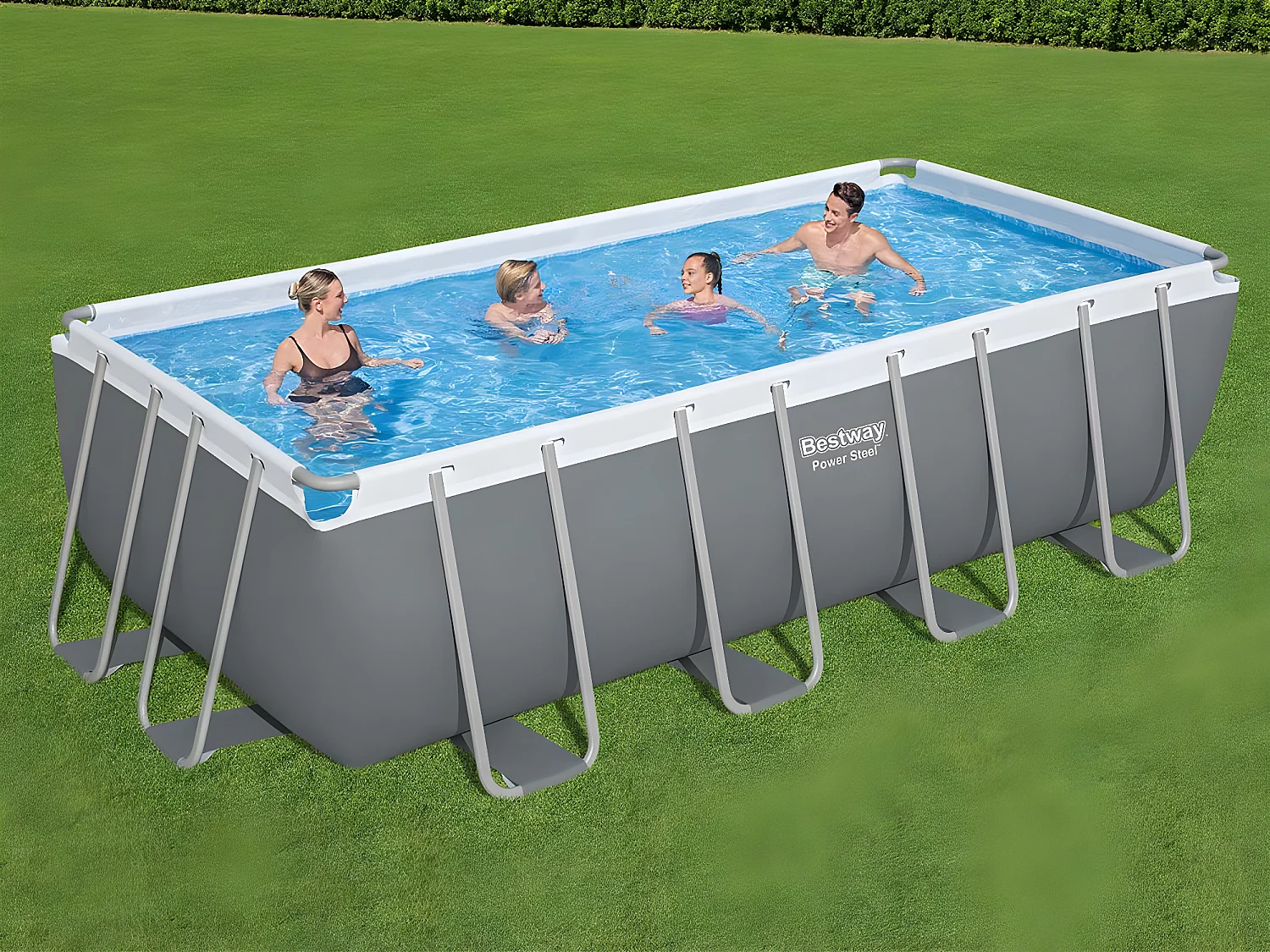 Piscina Fuori Terra Rettangolare Bestway Power Steel 488x244x122 cm con Filtro a Sabbia Scaletta e Dispensatore Chimico Grigio