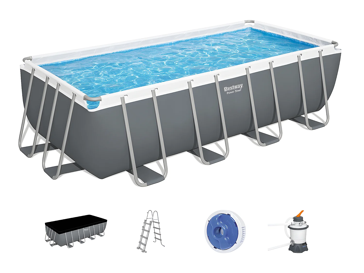 Piscina Fuori Terra Rettangolare Bestway Power Steel 488x244x122 cm con Filtro a Sabbia Scaletta e Dispensatore Chimico Grigio