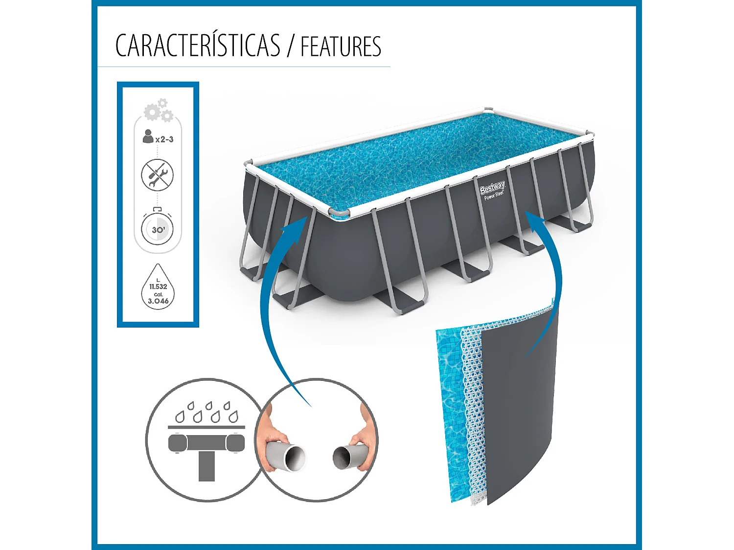 Piscina Fuori Terra Rettangolare Bestway Power Steel 488x244x122 cm con Filtro a Sabbia Scaletta e Dispensatore Chimico Grigio