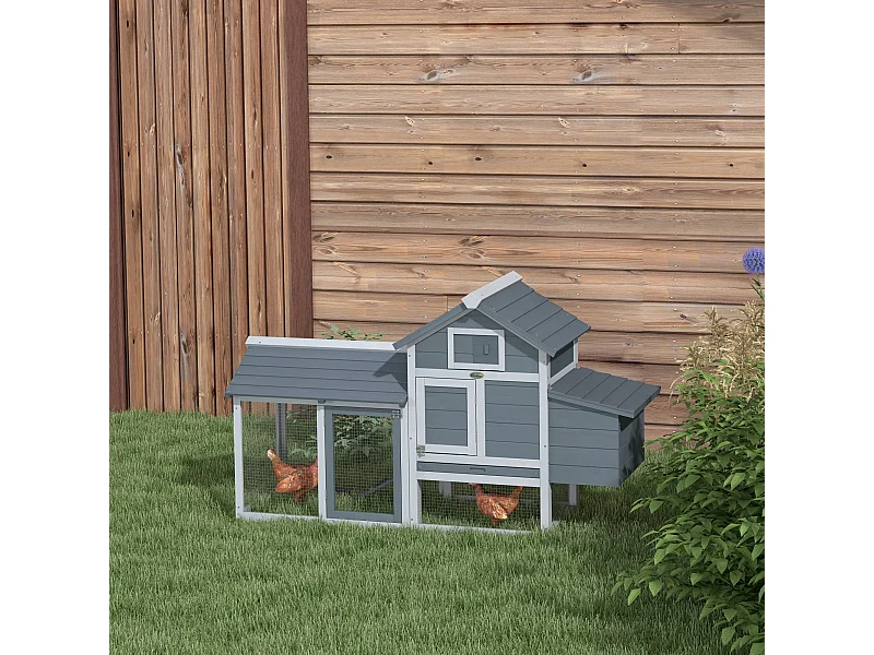 Petit poulailler cottage cage à poules sur pied dim. 151L x 54l x 87H cm multi-équipement bois massif de pin gris