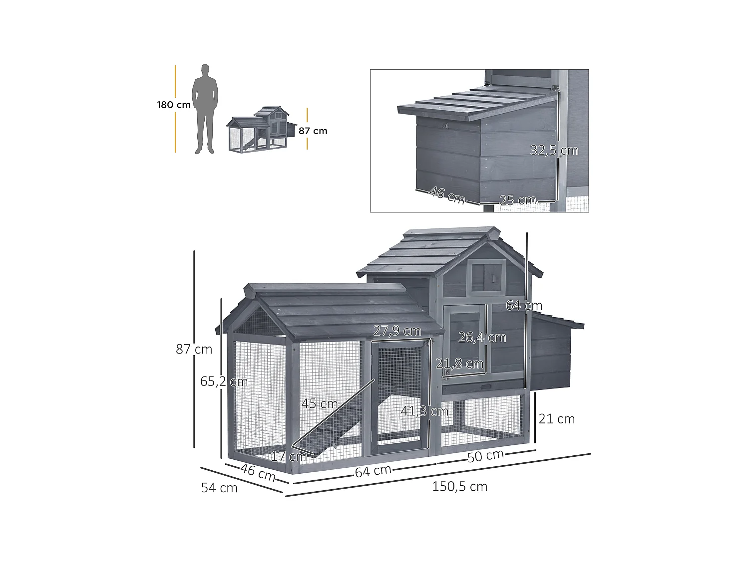 Petit poulailler cottage cage à poules sur pied dim. 151L x 54l x 87H cm multi-équipement bois massif de pin gris