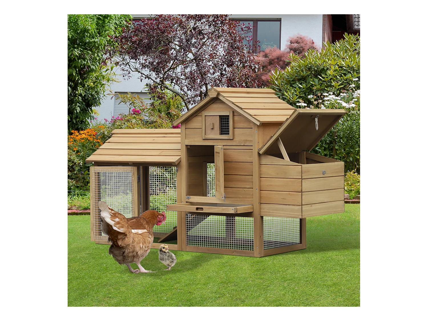 Petit poulailler cottage cage à poules sur pied dim. 151L x 54l x 87H cm multi-équipement bois massif de pin